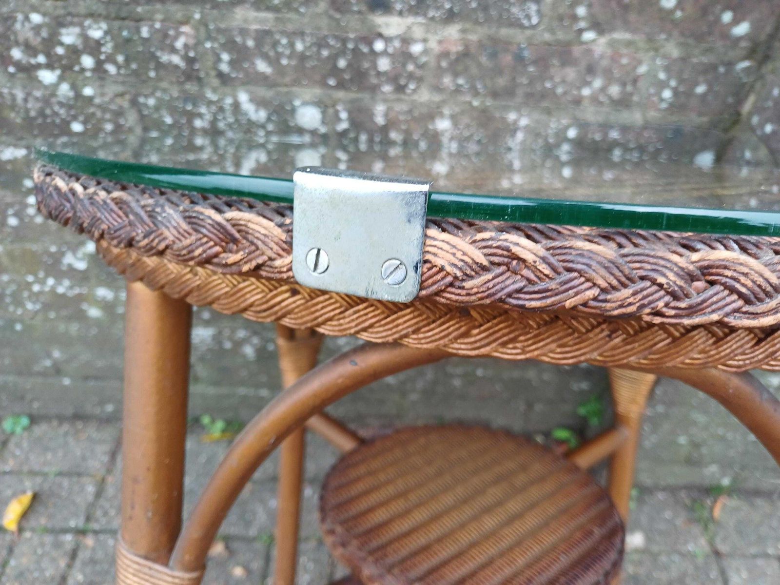 photo vinterior Vintage Lloyd Loom Style Wicker Side Table Gold Glass Top Brass Feet 1930s Occasional Conservatory Bedside Or Living Room Free Hand Delivery