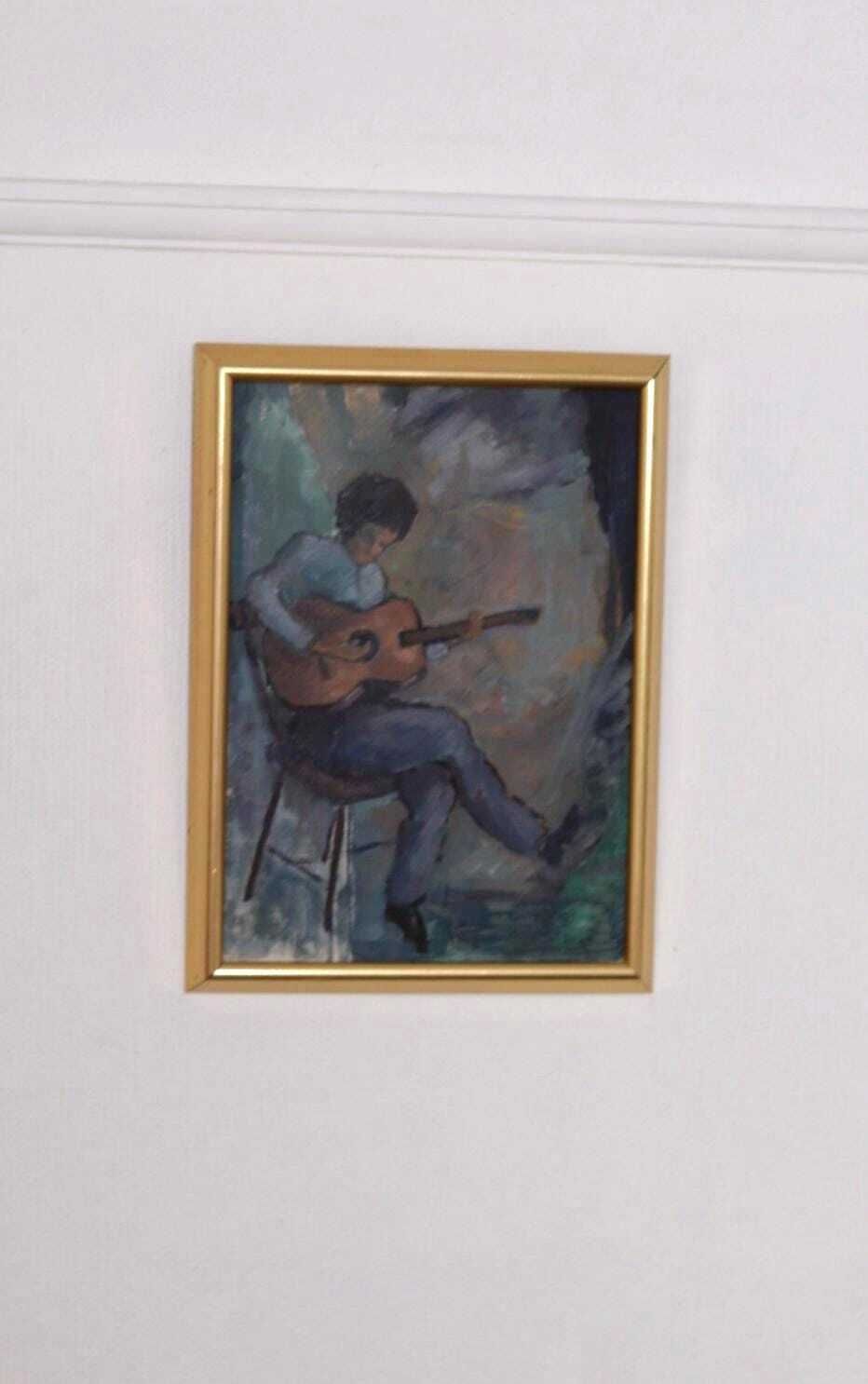 Original Swedish Oil On Canvas – “Troubadour With His Guitar” By Calle Svensson – åmål,Dalsland – Vintage, Framed 34 × 46 Cm (13.4" × 18.1")