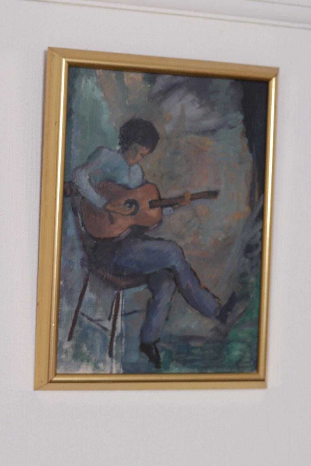 Original Swedish Oil On Canvas – “Troubadour With His Guitar” By Calle Svensson – åmål,Dalsland – Vintage, Framed 34 × 46 Cm (13.4" × 18.1") photo buy
