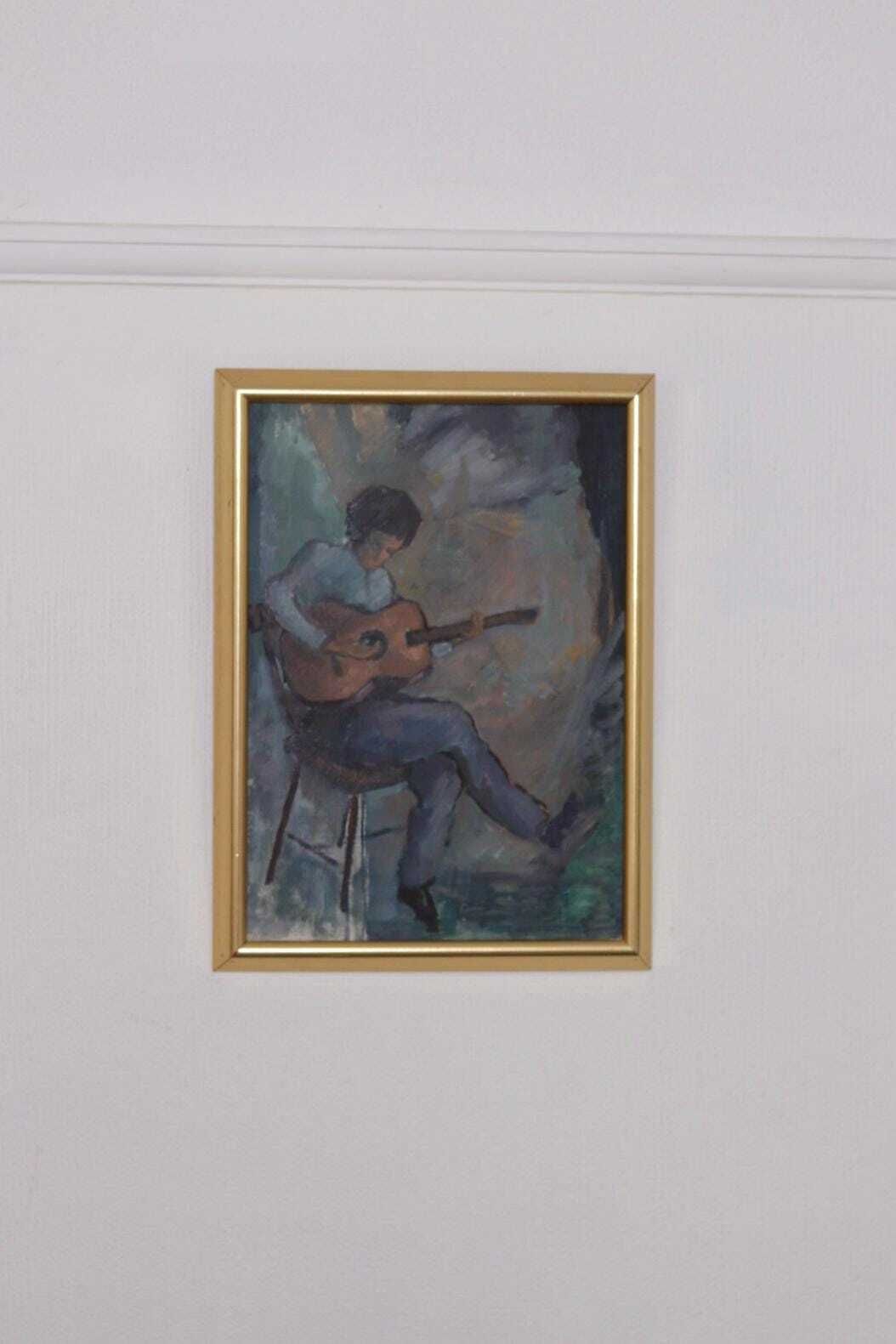 345.0 Original Swedish Oil On Canvas – “Troubadour With His Guitar” By Calle Svensson – åmål,Dalsland – Vintage, Framed 34 × 46 Cm (13.4" × 18.1") photo
