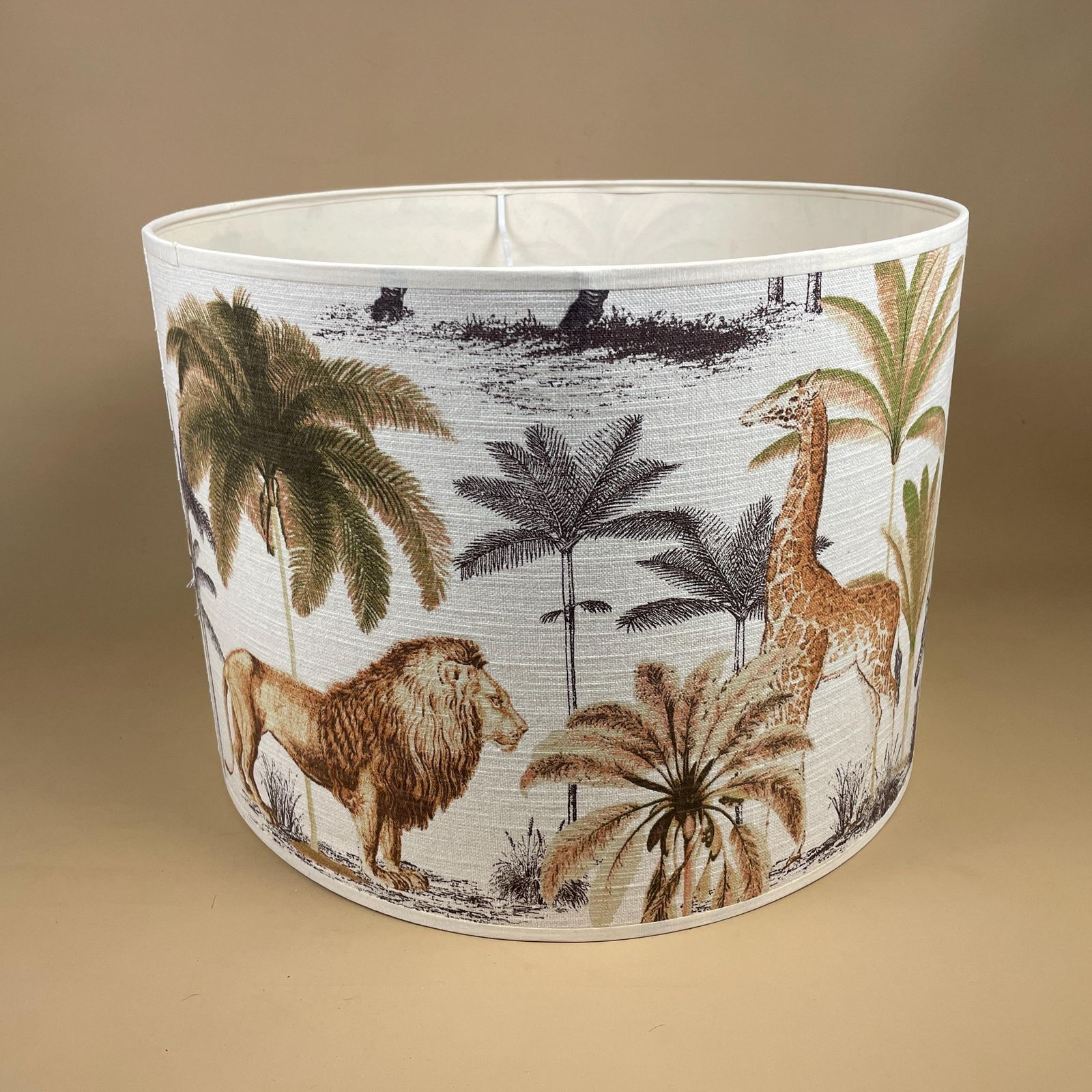 Large Designer Fabric Zoo Animal Safari Lamp Shade Lampshade Drum Ceiling Jungle Longleat Acacia 30cm By 41.5cm Natural Animals Round photo vintage