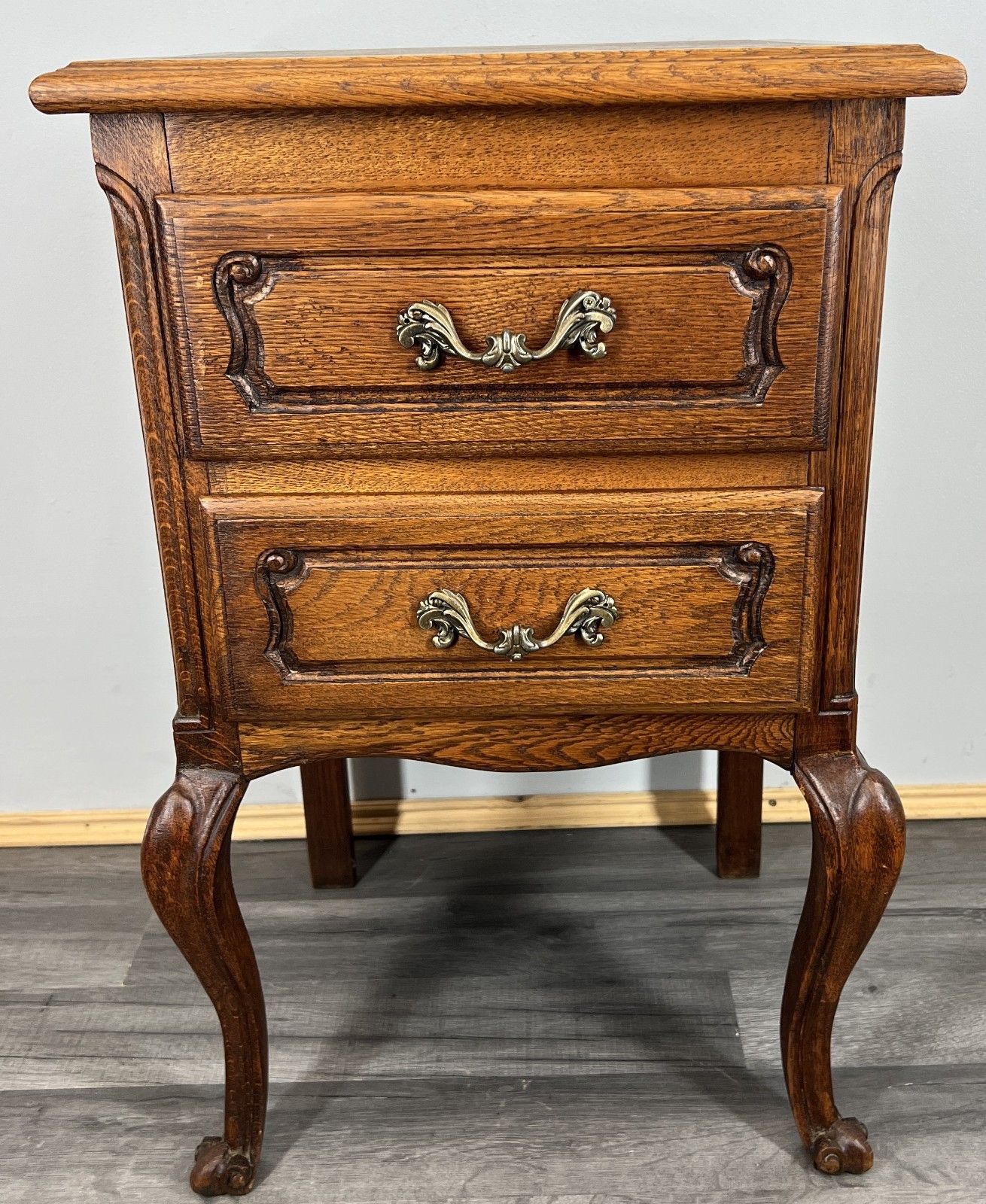Bedside Table Vintage French Louis XVI Oak Carved Nightstand Cabinet Lot 4695 photo for sale