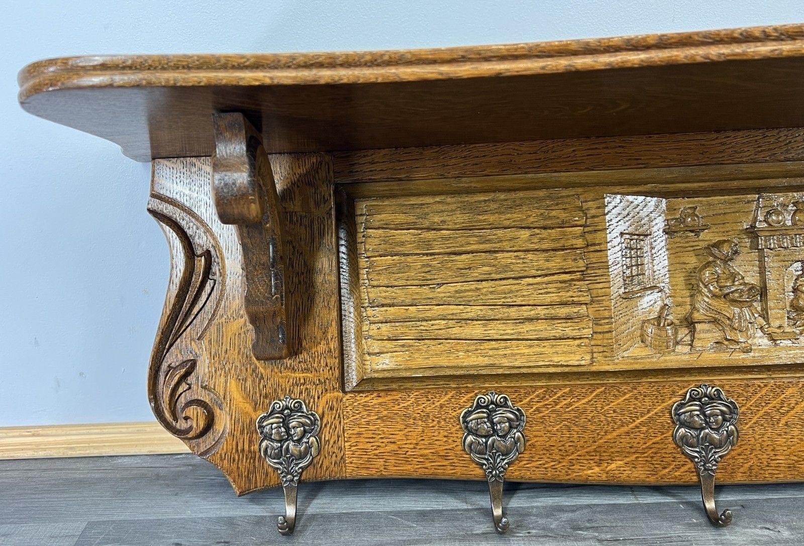 French Vintage Style Coat Rack Oak 6 Hooks Ornate Wall Shelf Coat Lot 4692 photo vinterior