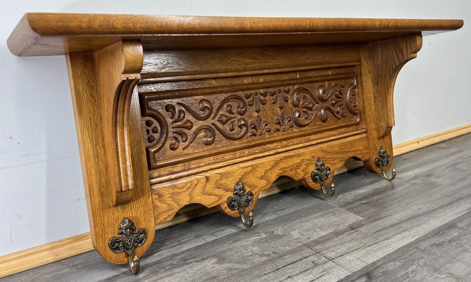 French Vintage Style Coat Rack Oak 4 Hooks Ornate Wall Shelf Coat Lot 4690 photo buy