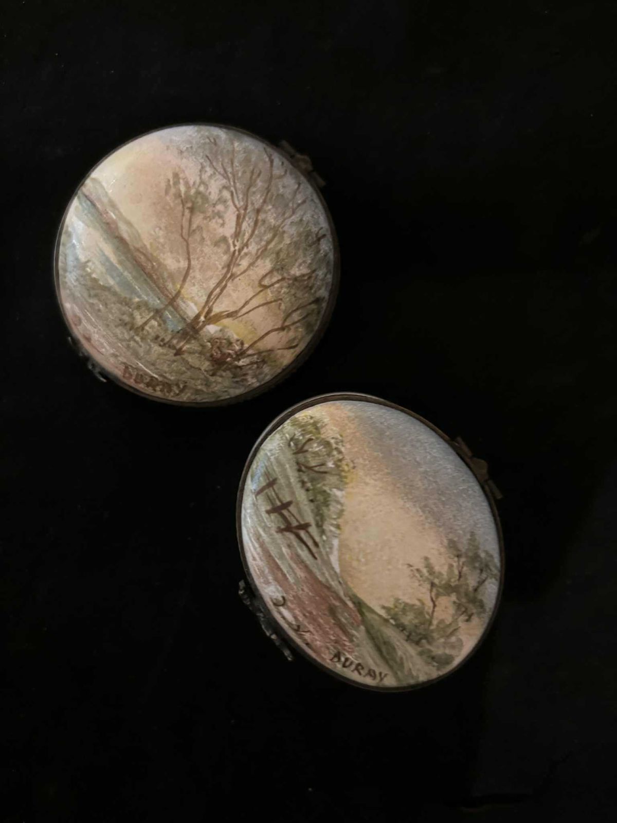 Set Of 2 Hand Painted French Porcelain Trinket Pill Boxes – Signed Buray – Landscapes With Bronze Mounts photo furniture