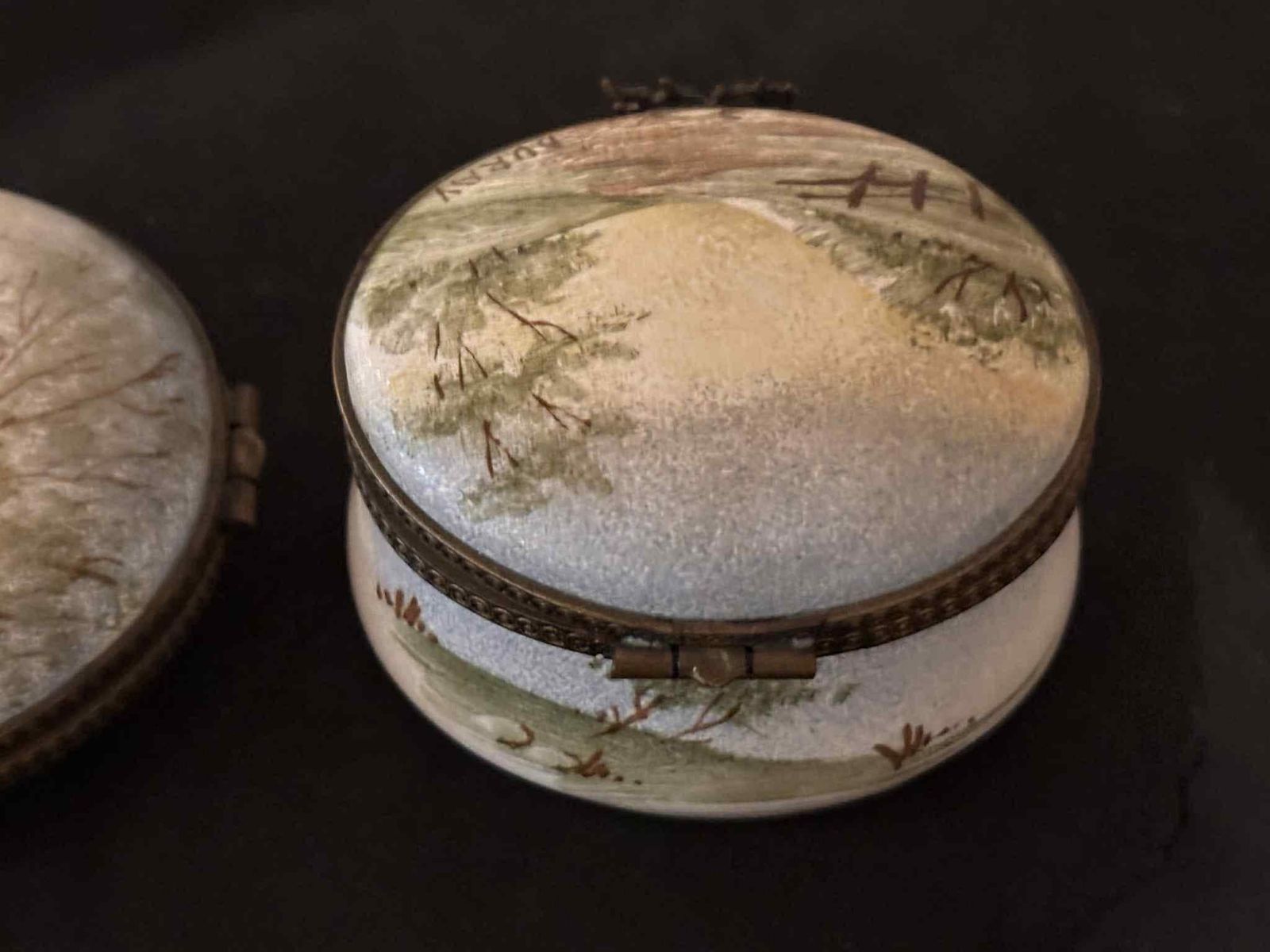 Set Of 2 Hand Painted French Porcelain Trinket Pill Boxes – Signed Buray – Landscapes With Bronze Mounts photo buy