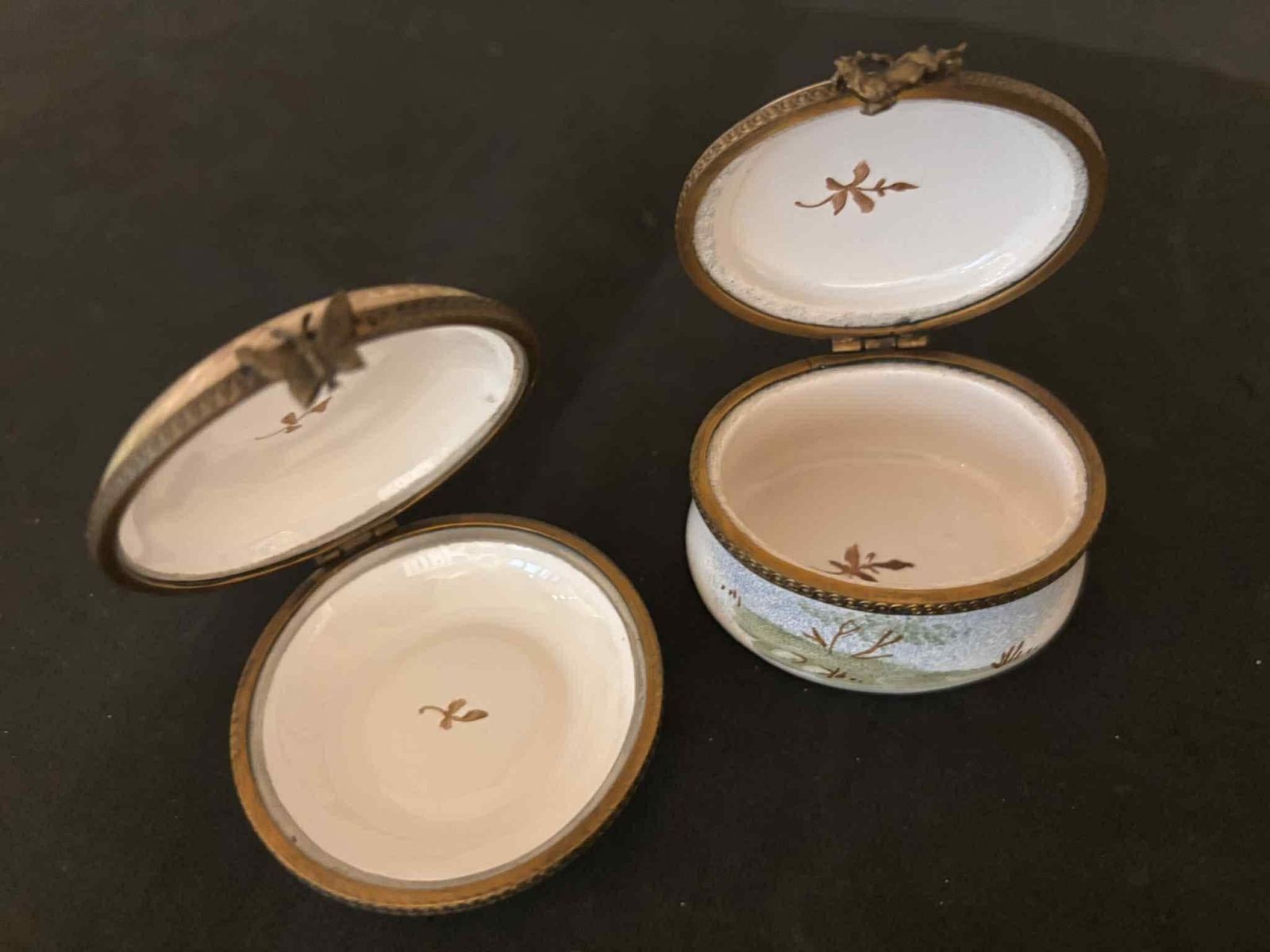 Set Of 2 Hand Painted French Porcelain Trinket Pill Boxes – Signed Buray – Landscapes With Bronze Mounts photo vintage