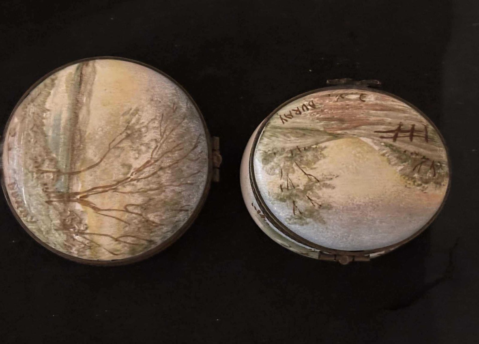 photo vintage Set Of 2 Hand Painted French Porcelain Trinket Pill Boxes – Signed Buray – Landscapes With Bronze Mounts