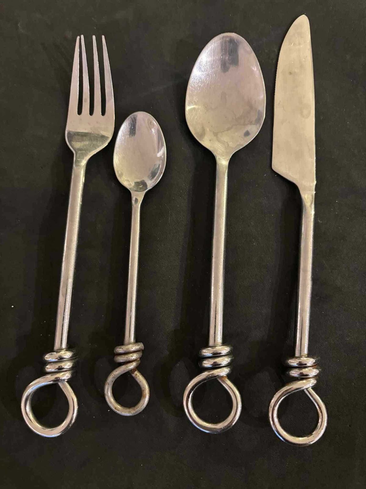 Set Of 12 Flatware Twist Cutlery French Forged Knot Twisted Ends Swirl Flatware Gift For Couple Brutalist Decor, Medieval Style Viking photo vinterior