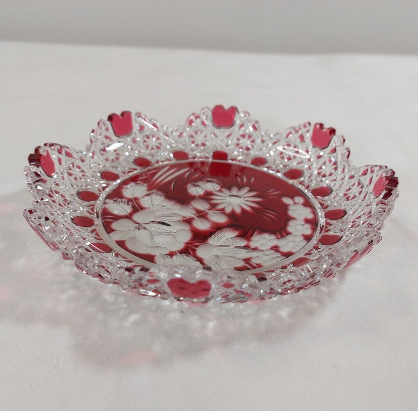 Meissen Crystal Dish Red Cut To Clear Round Floral & Star Pattern Signed photo for sale