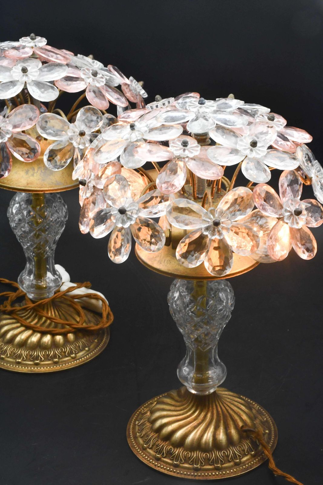 Set Of 2 Larg Table Lamp Crystal Glass Flower Pink And Crystal, Brass Base, 1960 photo vintage