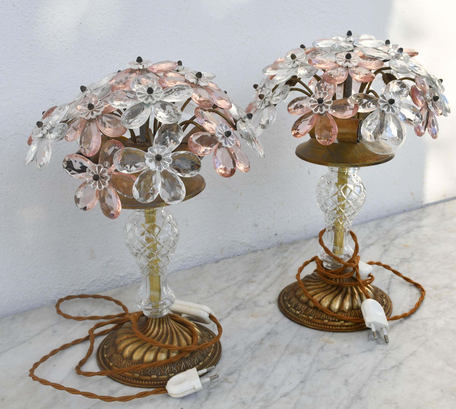 Lighting Set Of 2 Larg Table Lamp Crystal Glass Flower Pink And Crystal, Brass Base, 1960 photo