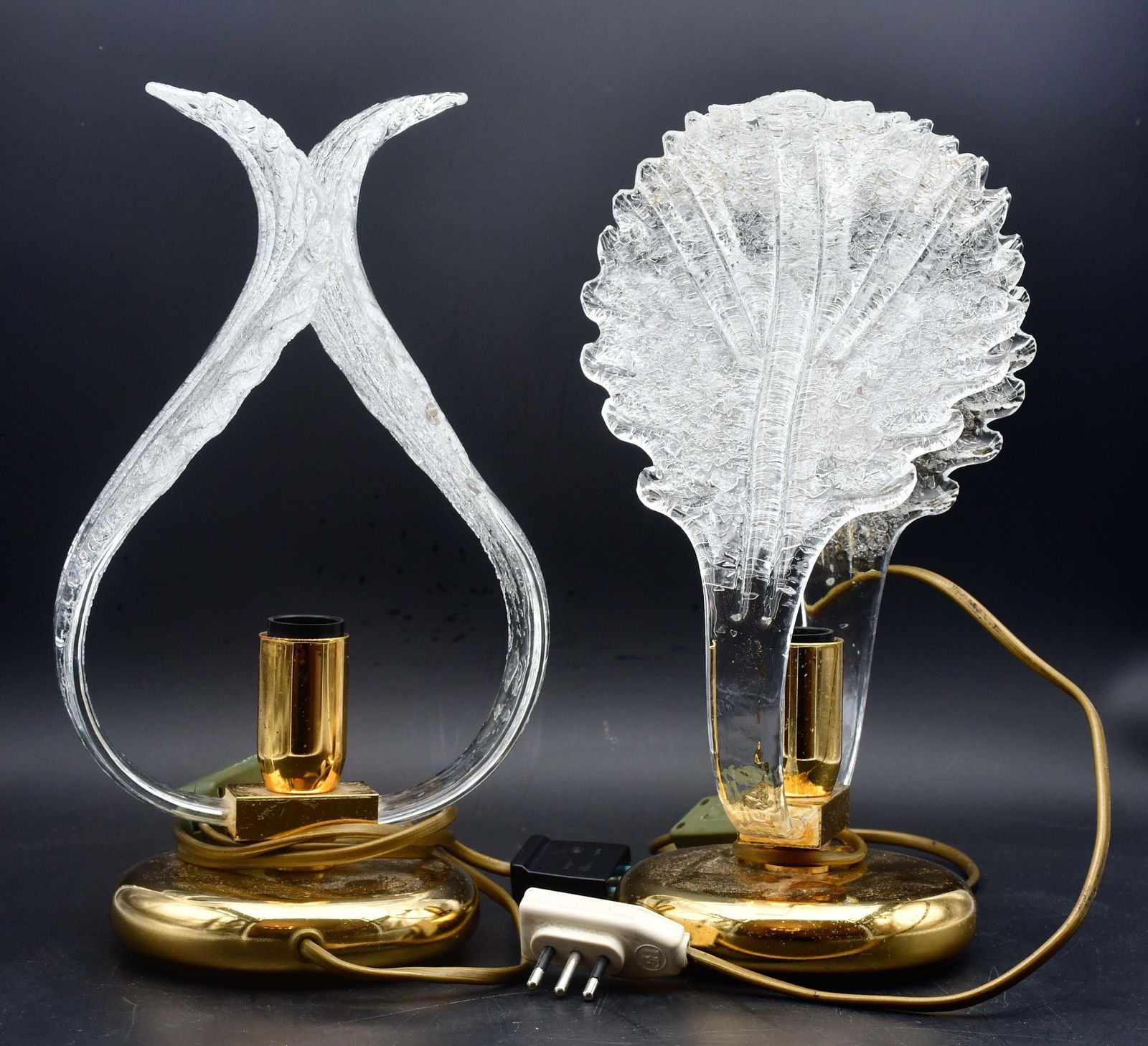 Set Of 2 Murano Glass "Swan Shape" Table Lamps Trasparent Leaves photo 949.0