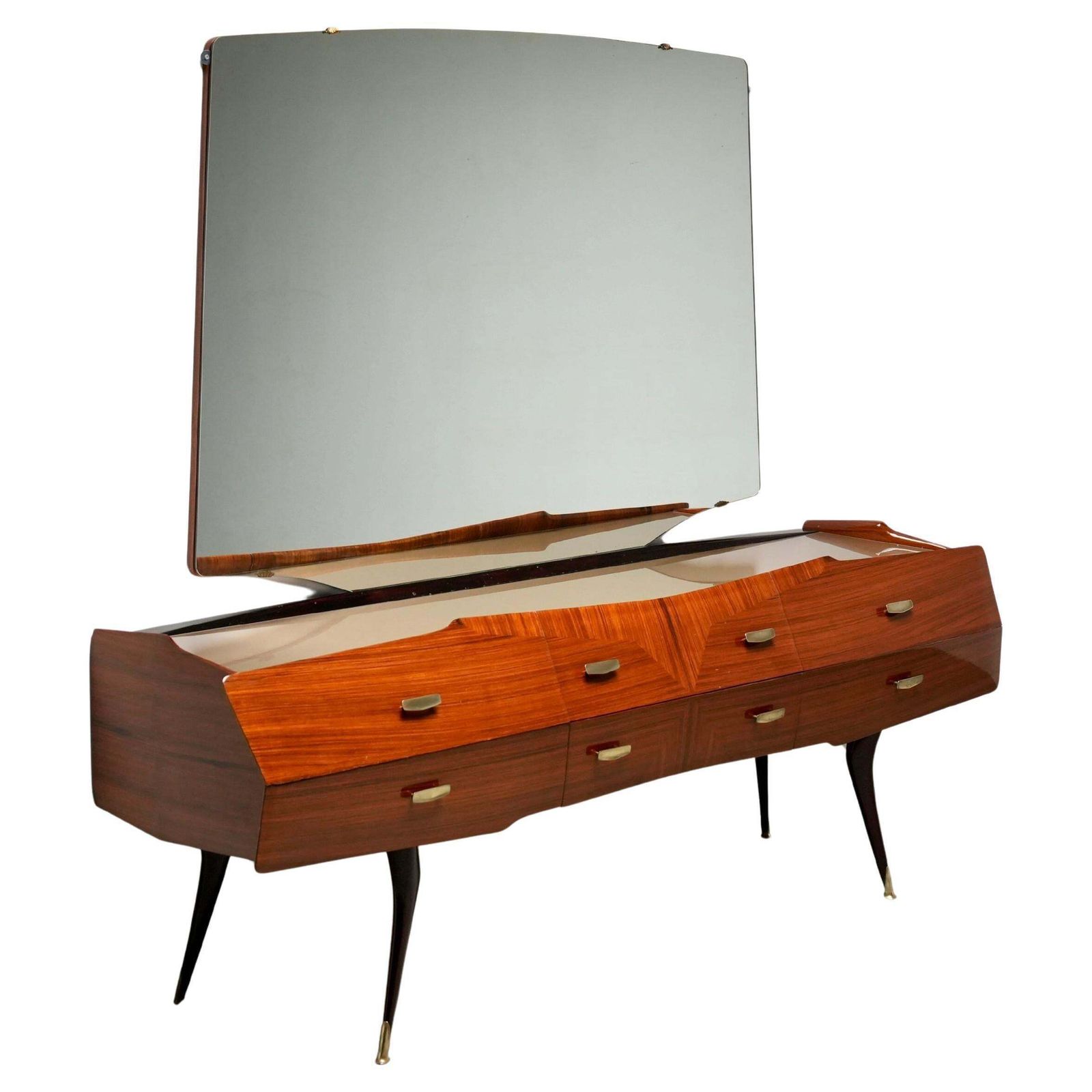 Italian Credenza With Mirror In Wood, Glass And Brass, Italy, 1960's