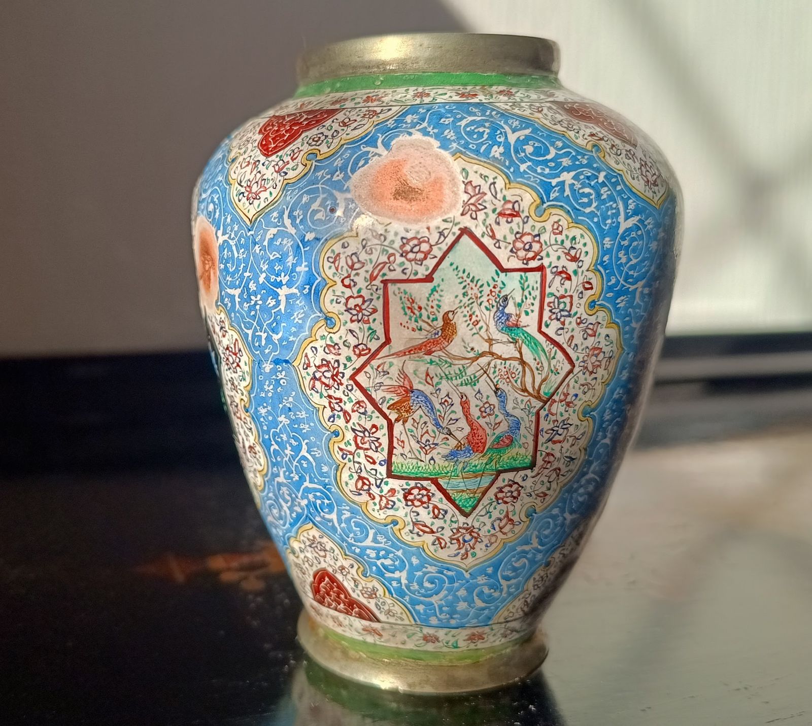 Antique Persian Enamelled Miniature Copper Vase: Isfahan  Hand Painted Birds And Flowers, Qajar Era C. 1900 photo vinterior