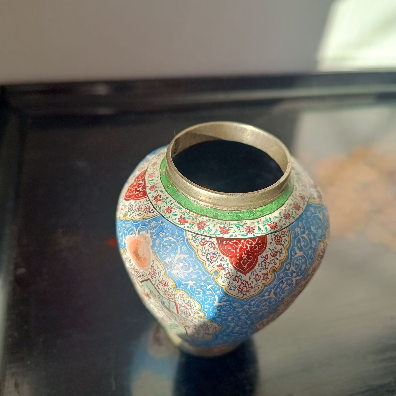 150.0 Antique Persian Enamelled Miniature Copper Vase: Isfahan  Hand Painted Birds And Flowers, Qajar Era C. 1900 photo