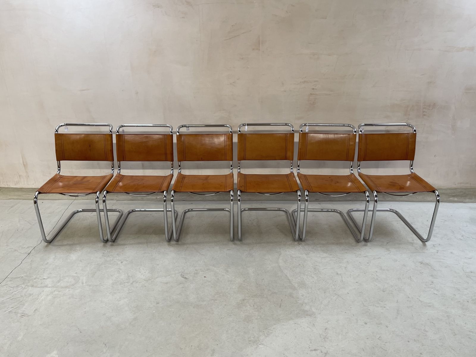 5495.0 6 Dining Chairs Mart Stam Marcel Breuer S33 Set Of Six Fasem Chrome Tan Brown Cognac Leather Cantilever Bauhaus 6 Mid Century Dining Chairs photo