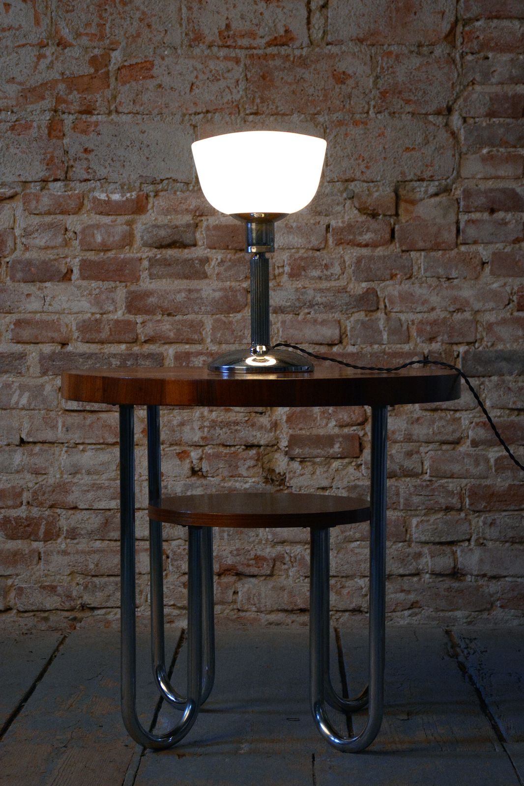 photo furniture Restored Bauhaus Table Lamp, Chrome, Steel, Opaline Glass, Czech, 1930s