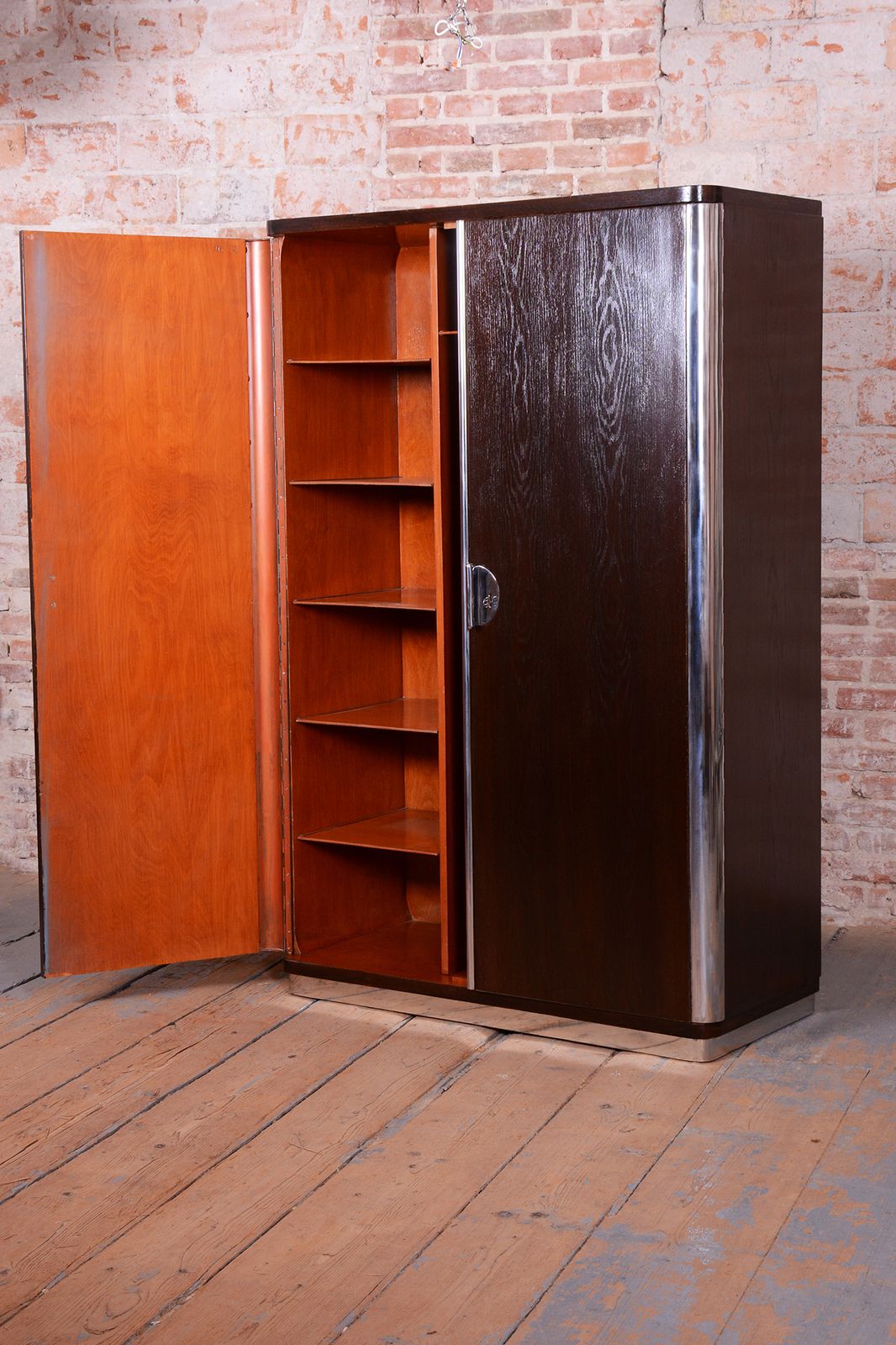 photo furniture Restored Bauhaus Wardrobe, By Vichr A Spol., Chrome, Steel, Oak, Czech, 1930s