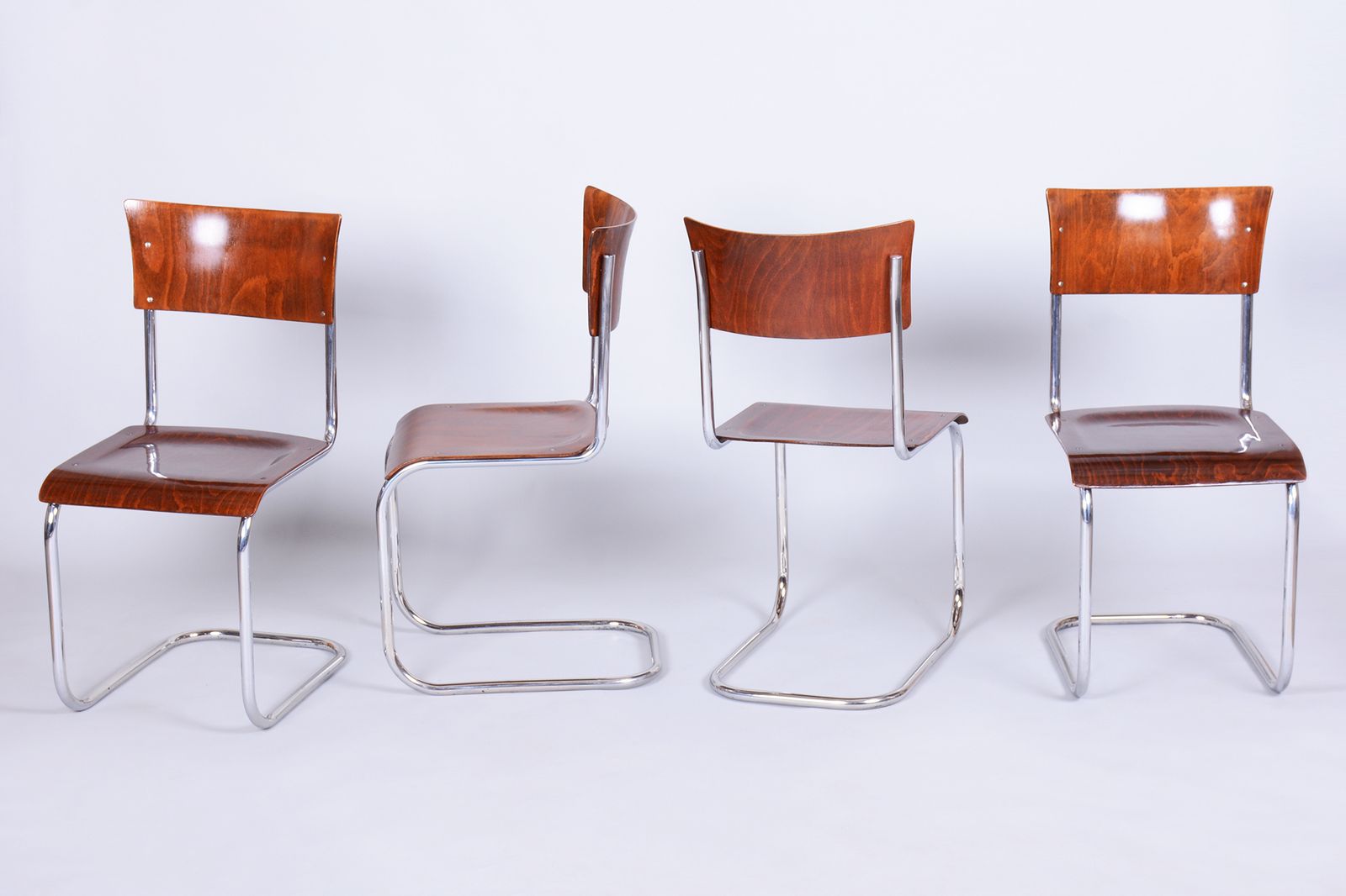 Set Of Four Restored Bauhaus Chairs, Beech, Chrome Plated Steel, Czech, 1930s