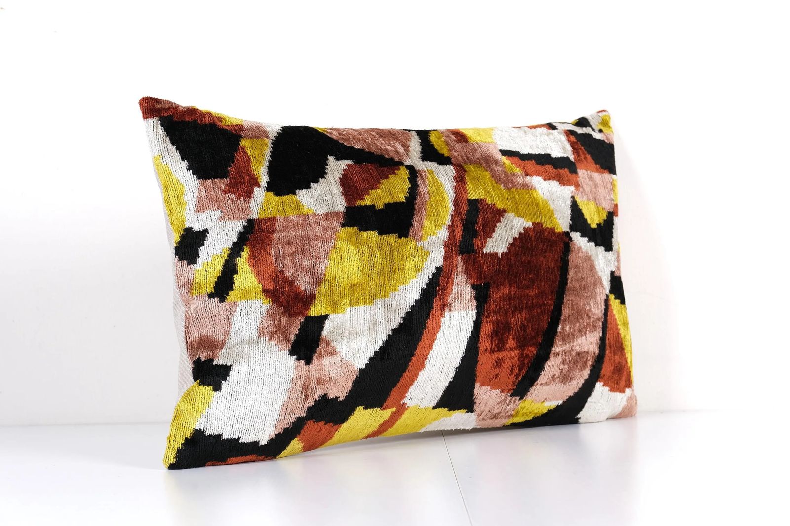Hand Woven Velvet Ikat Lumbar Pillow Cover, Yellow Colorful Designer Cushion photo Textiles