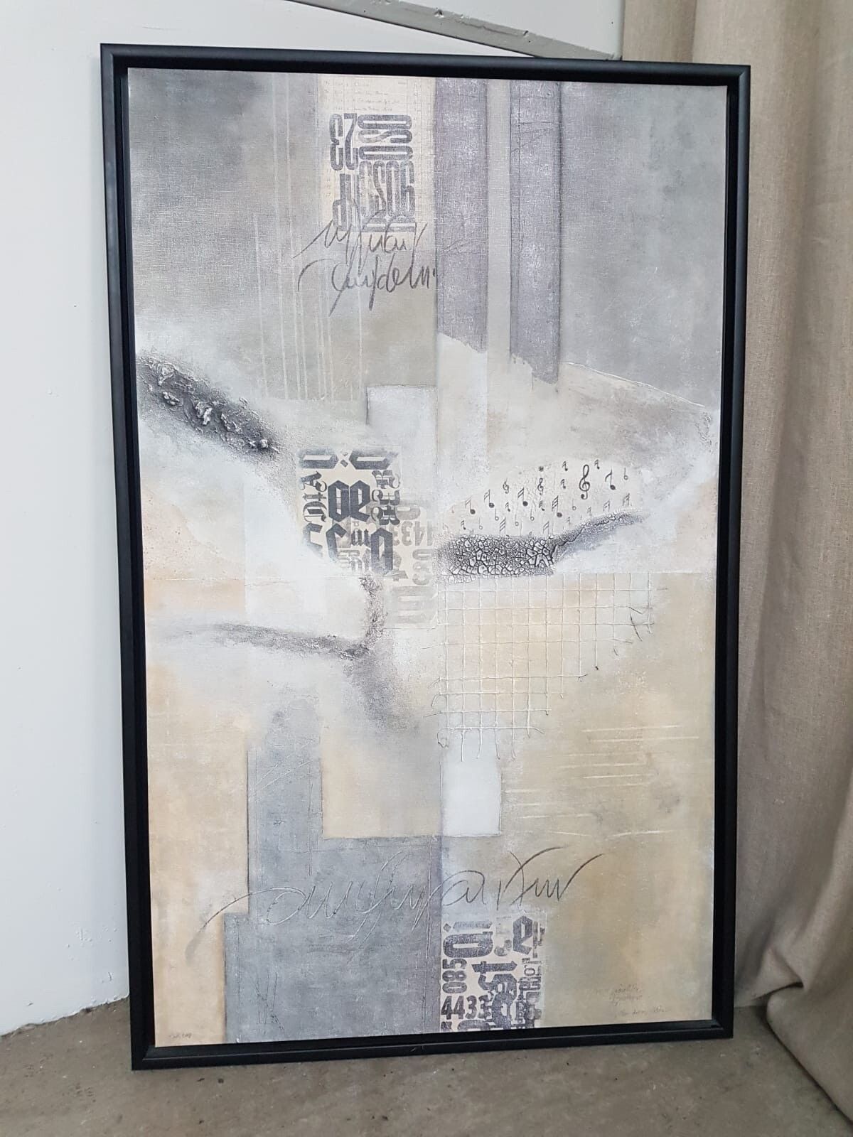 Vtg Late Mid Century Abstract Wall Hanging Signed Print Picture Retro R335 photo for sale