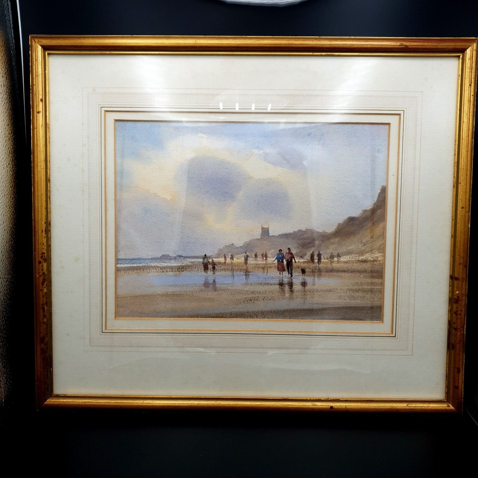 Andrew King Signed Watercolour 'Figures On The Beach' Framed H40xl46cm Framed