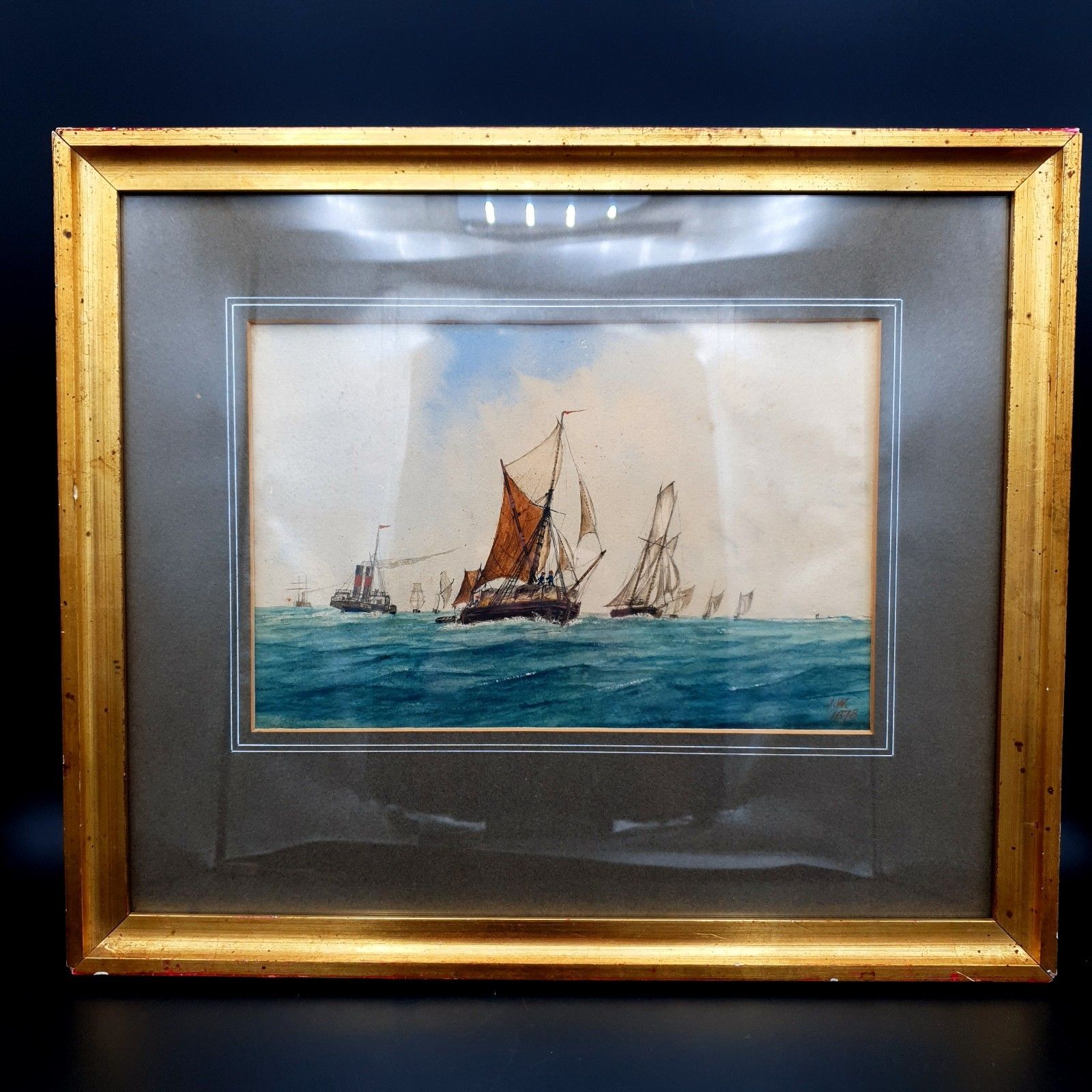 Antique Maritime Watercolour Signed J.W 1878 Fishing Fleet Scene L38x32cm Framed