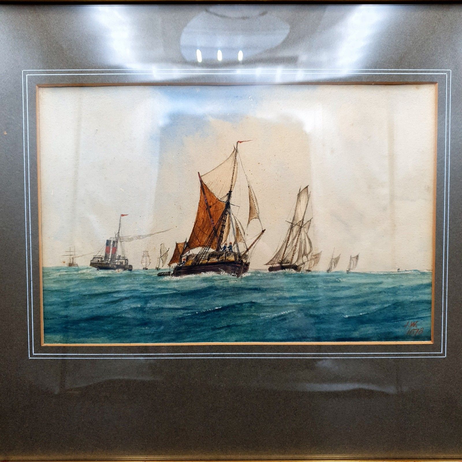 Antique Maritime Watercolour Signed J.W 1878 Fishing Fleet Scene L38x32cm Framed photo furniture