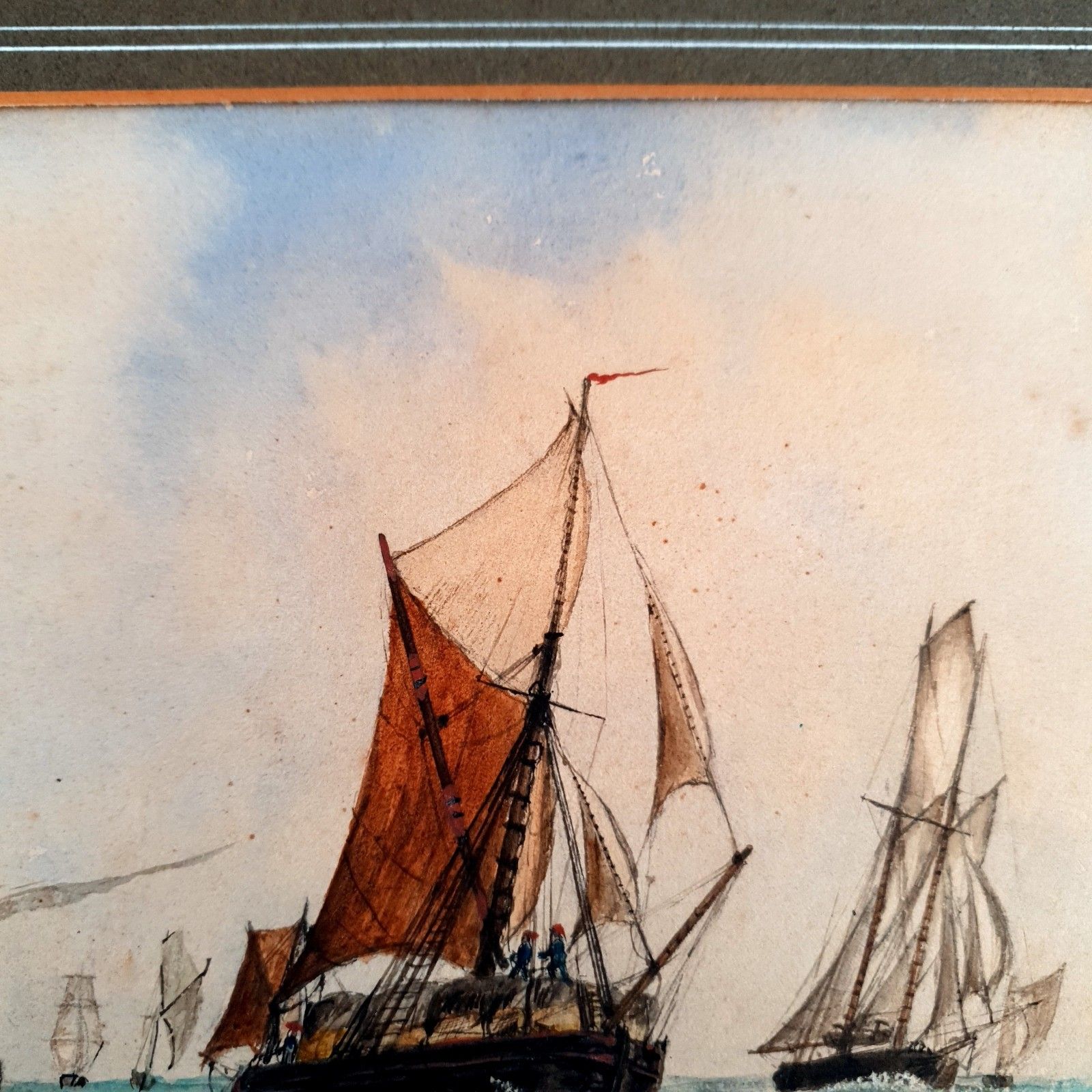 photo for sale Antique Maritime Watercolour Signed J.W 1878 Fishing Fleet Scene L38x32cm Framed