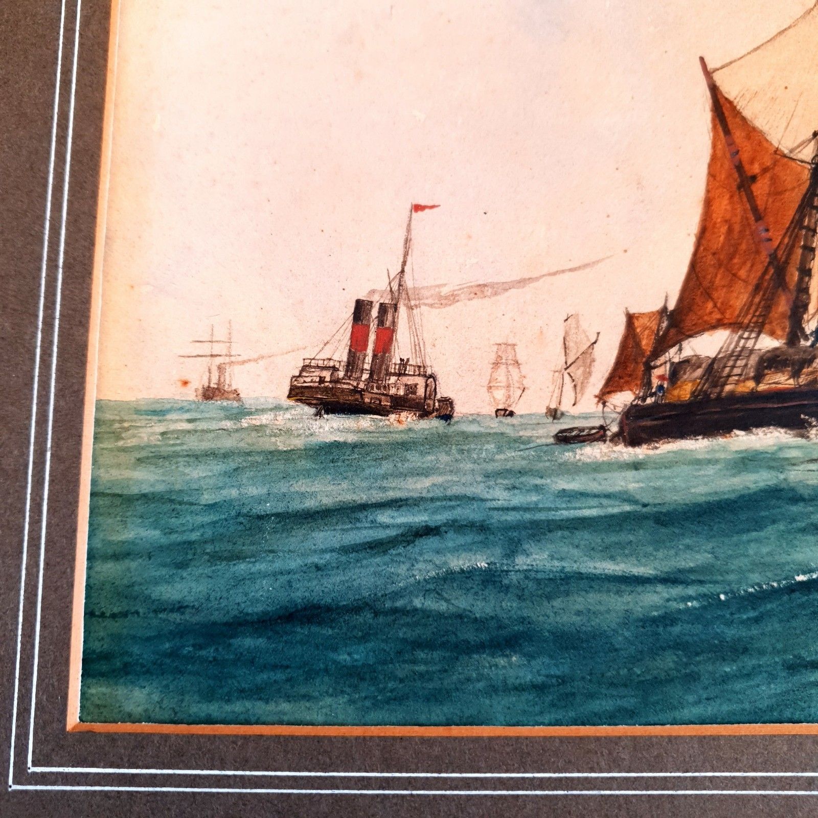 130.0 Antique Maritime Watercolour Signed J.W 1878 Fishing Fleet Scene L38x32cm Framed photo