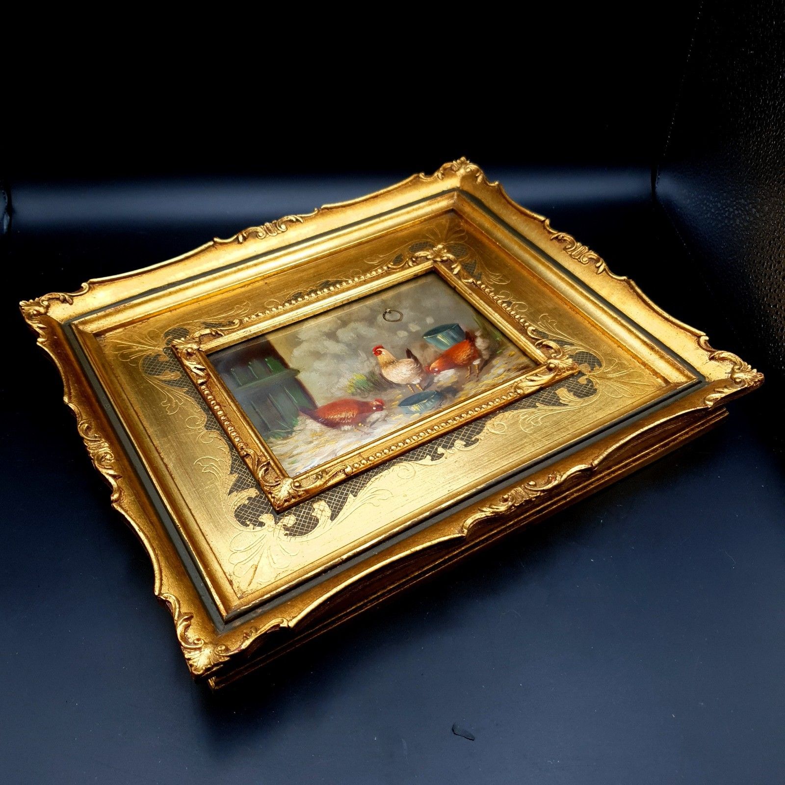 photo for sale Italian Gaetano Romania Oil Painting Chickens Rococo Style Frame L33.5x28.5cm