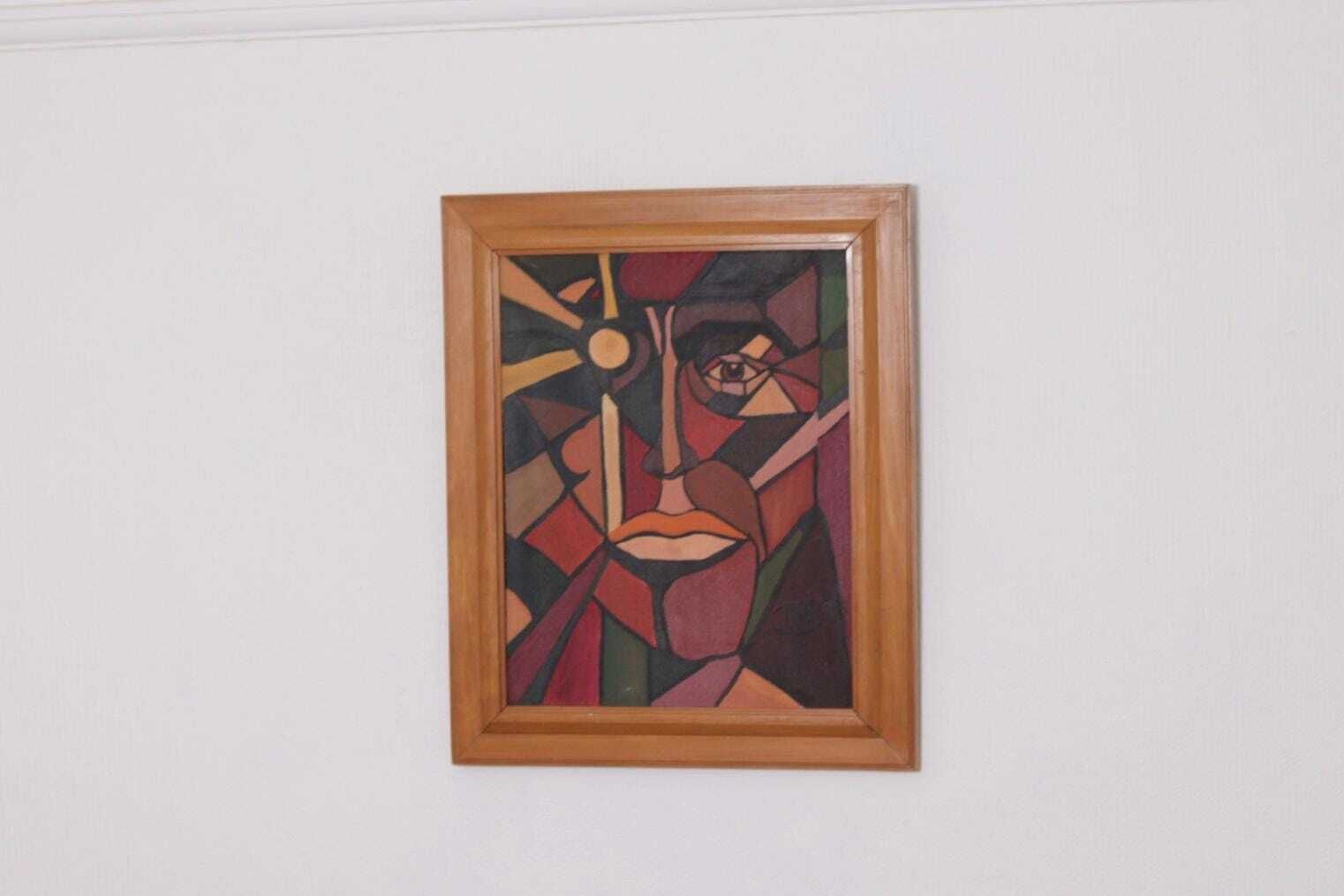 Original Scandinavian Oil On Canvas – “Face”  – Tnx 88 Vintage & Framed  56 × 46 Cm (22" × 18.1") photo furniture