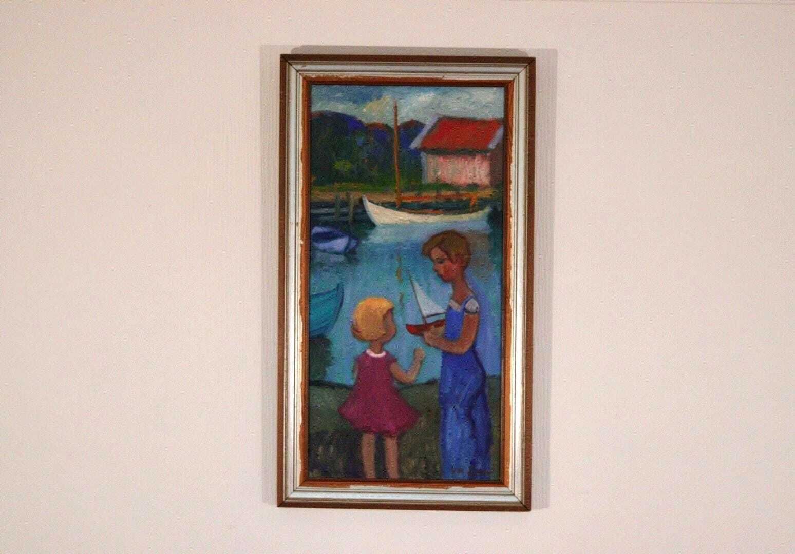Original Mid Century Swedish Oil On Canvas – “Children Play” By Wilhelm Sjöholm – Vintage & Framed  78 × 44 Cm (30.7" × 17.3")