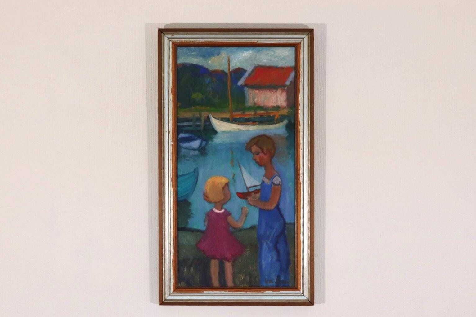 Original Mid Century Swedish Oil On Canvas – “Children Play” By Wilhelm Sjöholm – Vintage & Framed  78 × 44 Cm (30.7" × 17.3") photo for sale