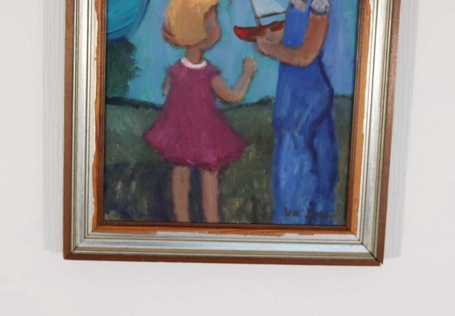 Original Mid Century Swedish Oil On Canvas – “Children Play” By Wilhelm Sjöholm – Vintage & Framed  78 × 44 Cm (30.7" × 17.3") photo vinterior