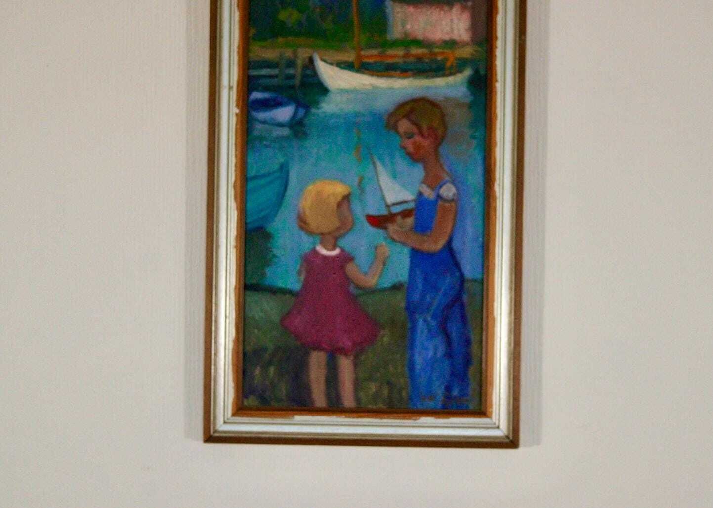Original Mid Century Swedish Oil On Canvas – “Children Play” By Wilhelm Sjöholm – Vintage & Framed  78 × 44 Cm (30.7" × 17.3") photo buy