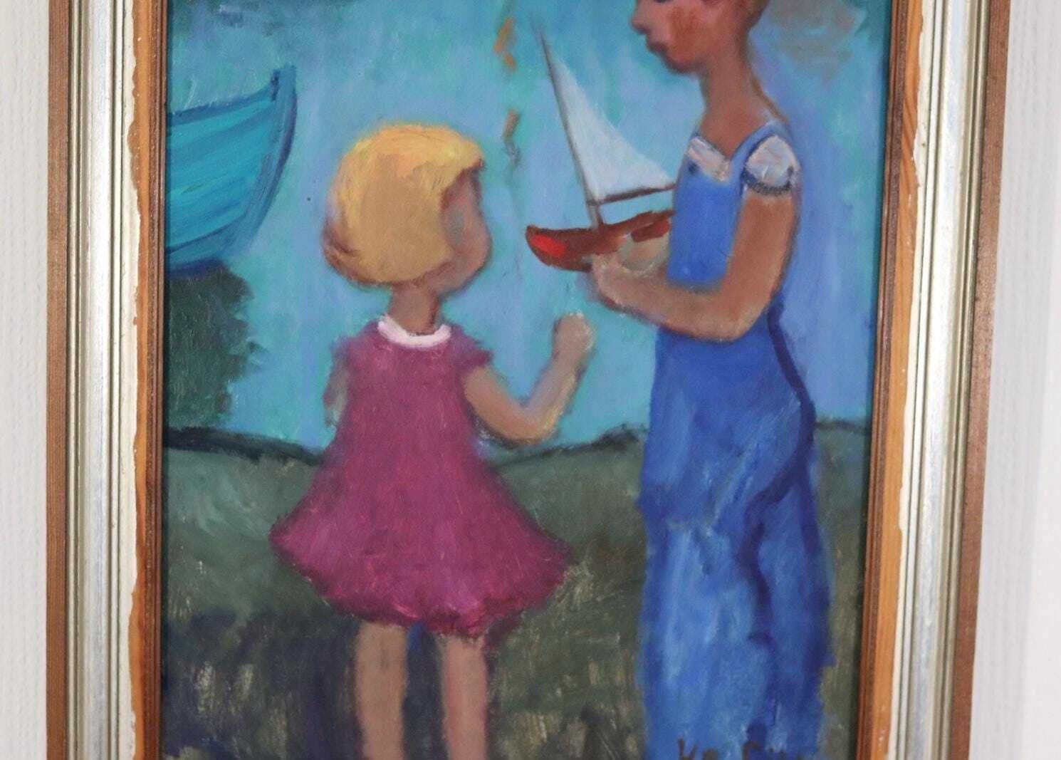 photo for sale Original Mid Century Swedish Oil On Canvas – “Children Play” By Wilhelm Sjöholm – Vintage & Framed  78 × 44 Cm (30.7" × 17.3")