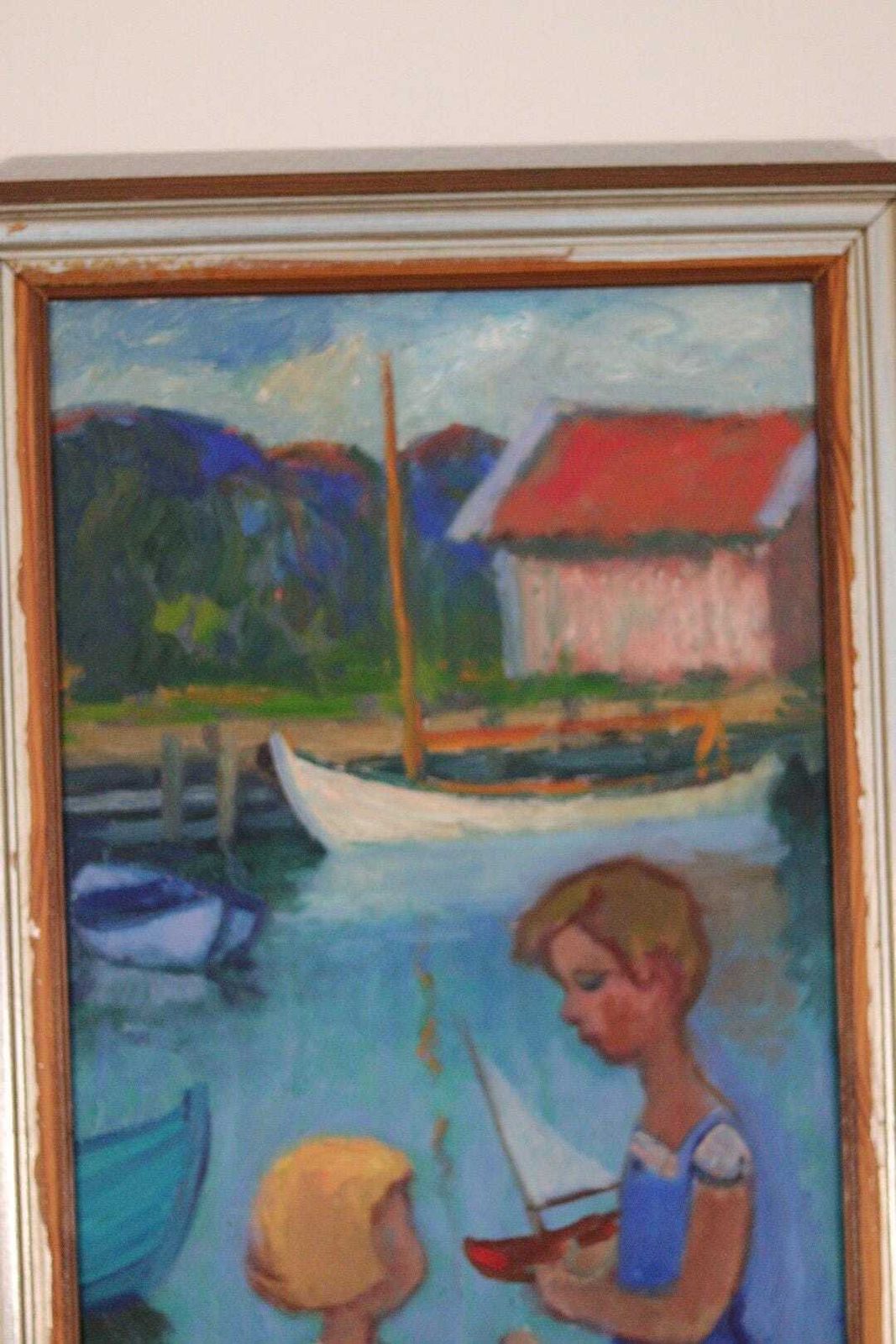 Art Original Mid Century Swedish Oil On Canvas – “Children Play” By Wilhelm Sjöholm – Vintage & Framed  78 × 44 Cm (30.7" × 17.3") photo