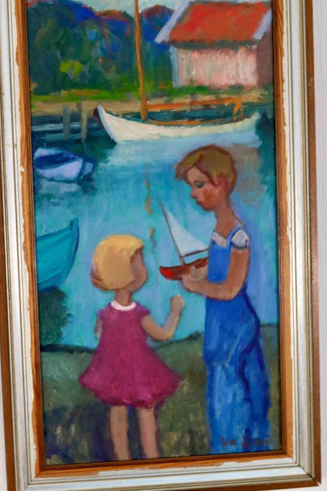 photo buy Original Mid Century Swedish Oil On Canvas – “Children Play” By Wilhelm Sjöholm – Vintage & Framed  78 × 44 Cm (30.7" × 17.3")