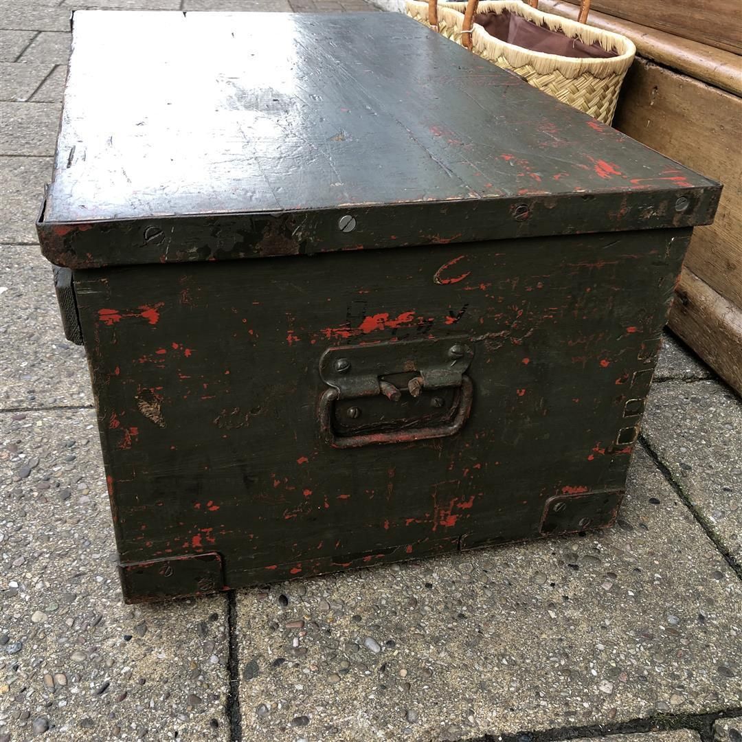 Vintage Wooden Lockable Carry Box With Steel Bindings, In Green Paint, Possibly Military photo furniture