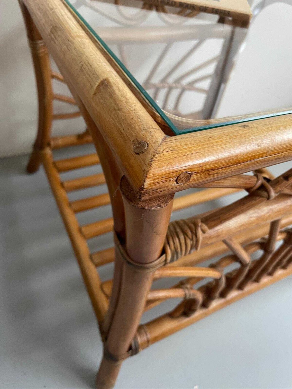 Vintage Square Bamboo Side Or Coffee Table With Glass Top And Cane Binding photo vinterior