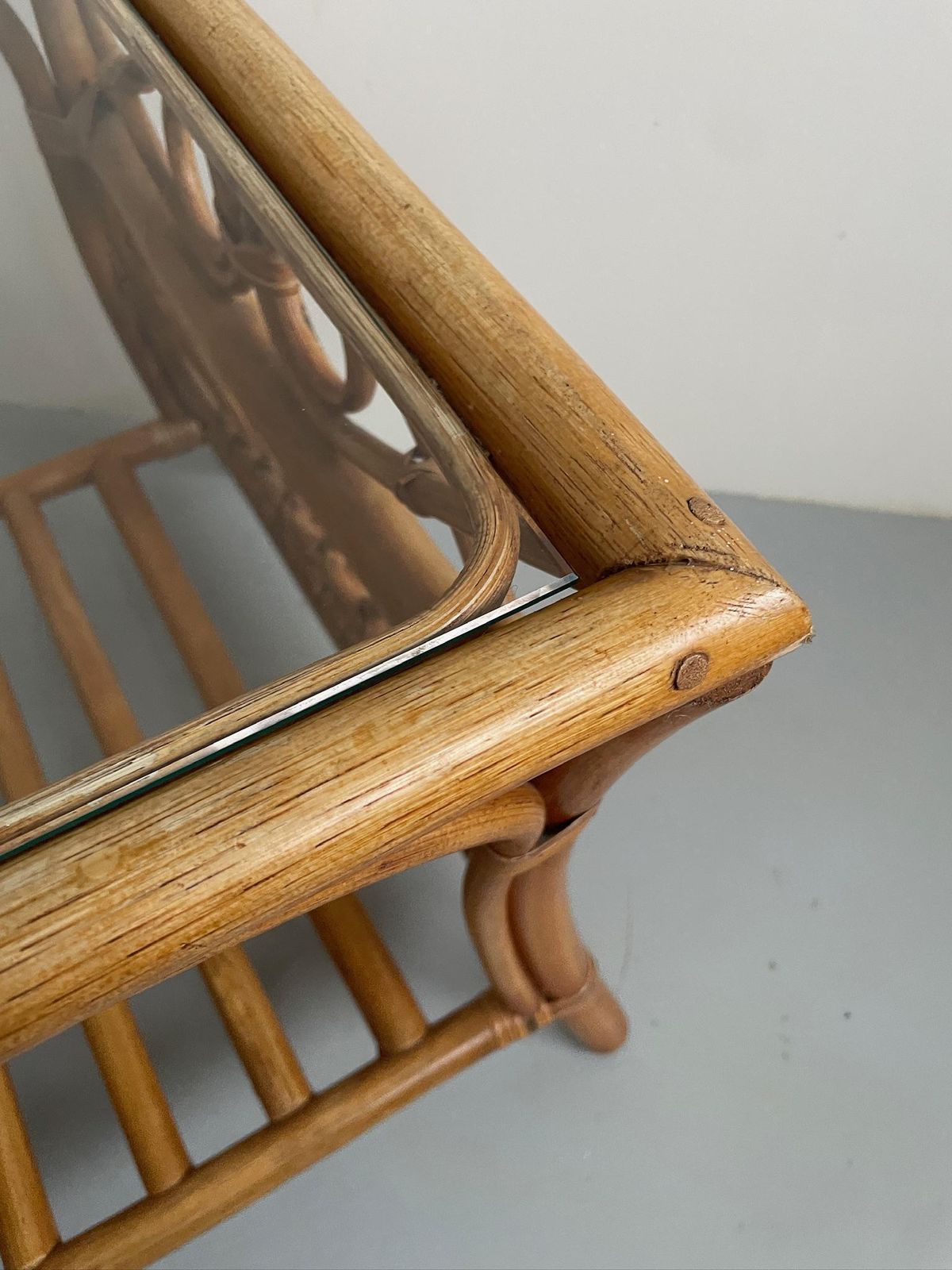Vintage Square Bamboo Side Or Coffee Table With Glass Top And Cane Binding photo buy