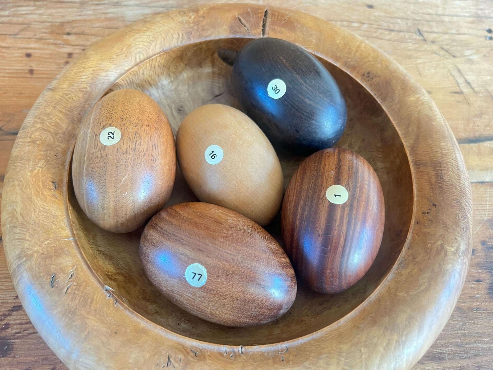 Roger Marwood Signed Burr Oak Bowl & 5 Numbered Specimen Eggs   English Oak, Ebony, Boxwood, Mahogany, Walnut   British Studio Woodturning photo furniture