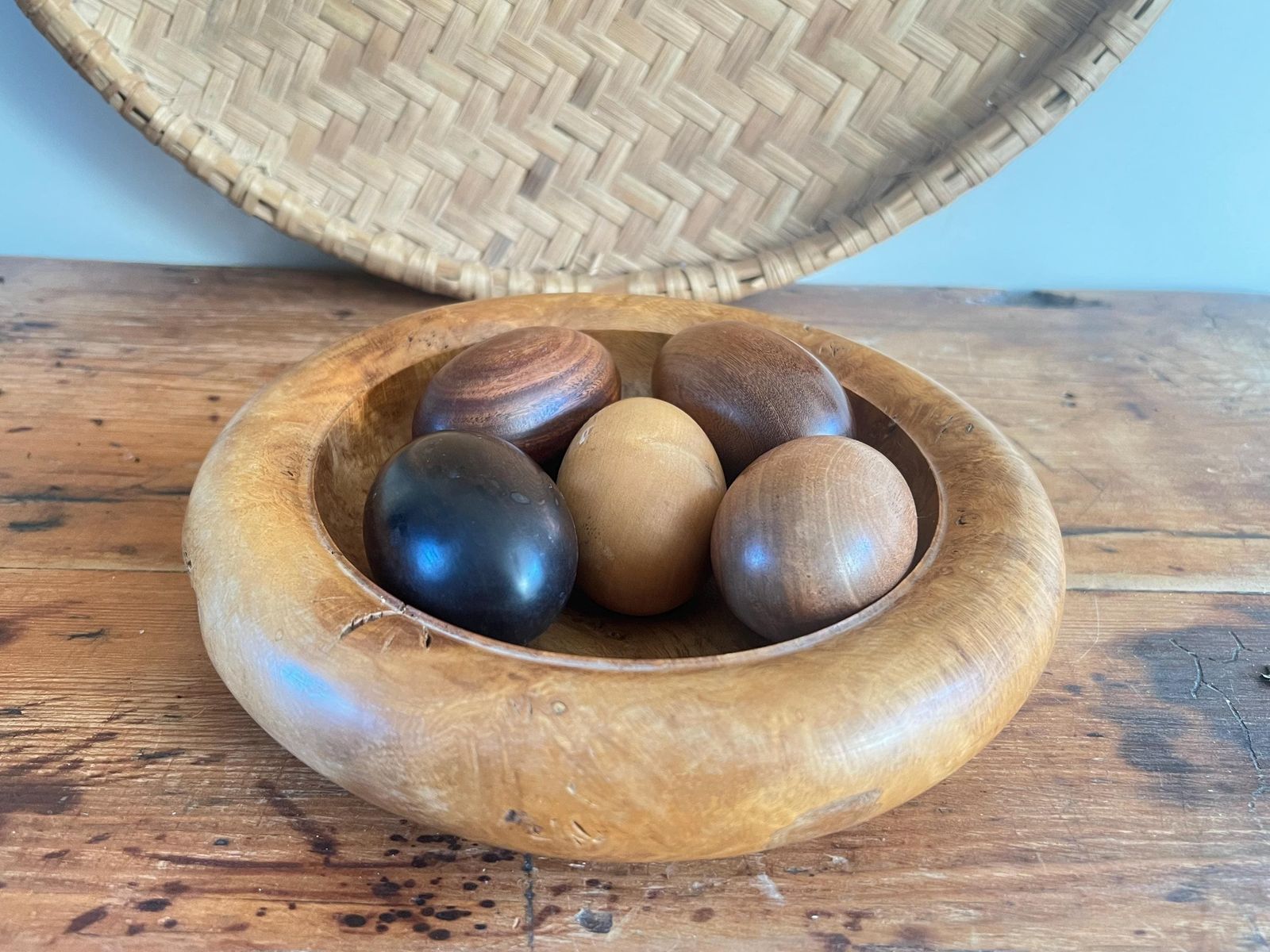 Home Decor Roger Marwood Signed Burr Oak Bowl & 5 Numbered Specimen Eggs   English Oak, Ebony, Boxwood, Mahogany, Walnut   British Studio Woodturning photo