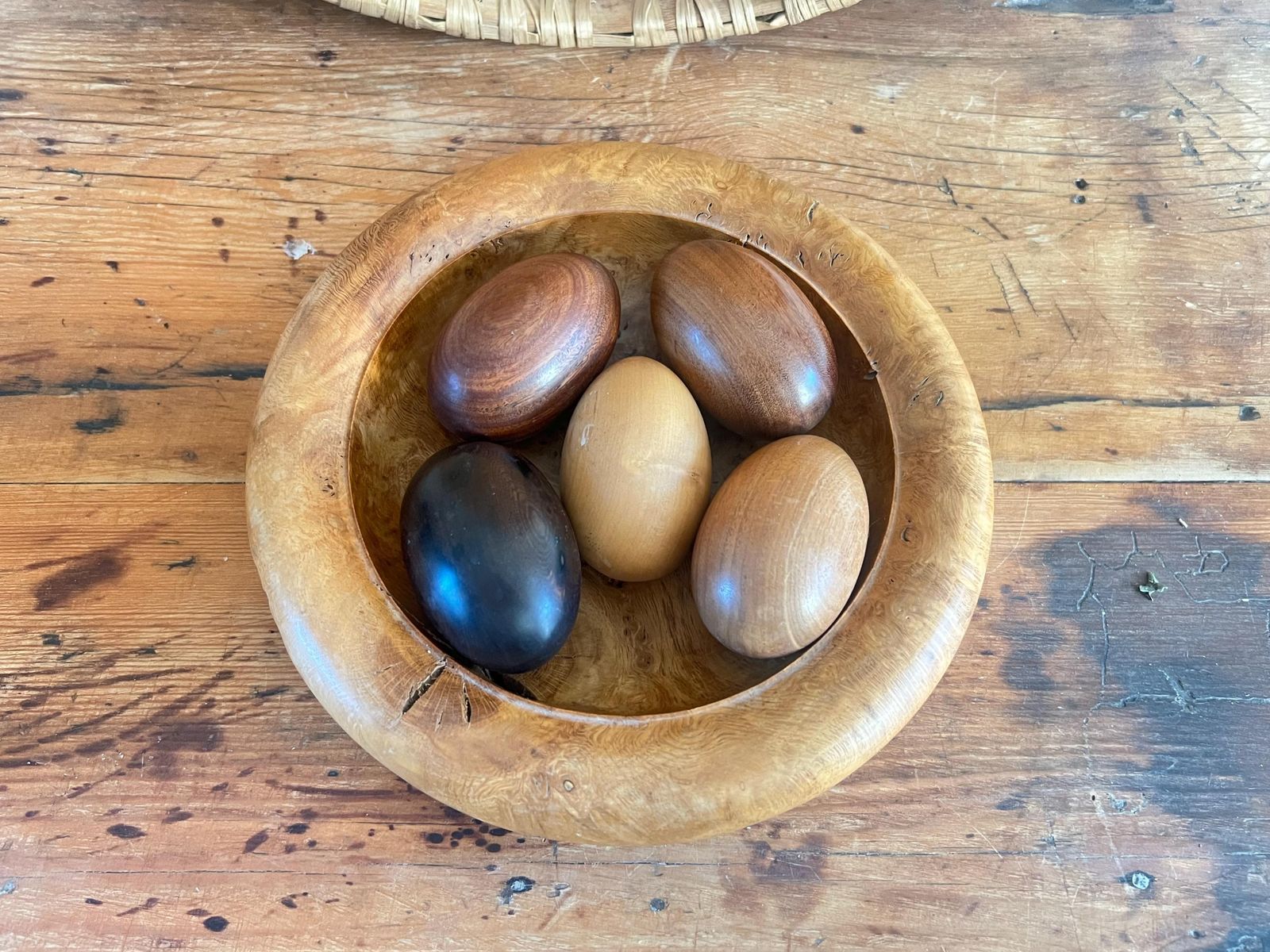 150.0 Roger Marwood Signed Burr Oak Bowl & 5 Numbered Specimen Eggs   English Oak, Ebony, Boxwood, Mahogany, Walnut   British Studio Woodturning photo