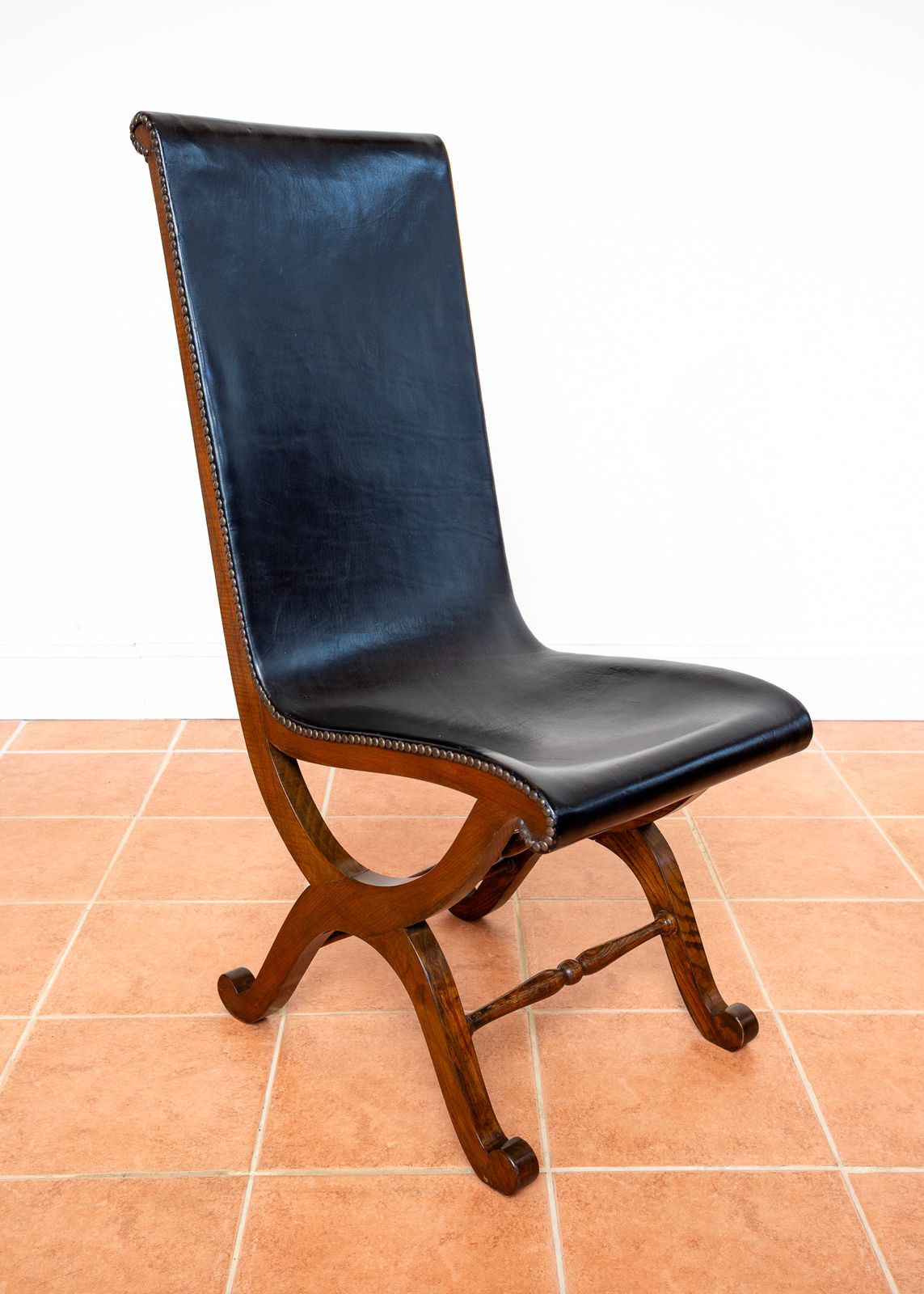 3650.0 Pair Of Spanish Oak Leather Dining Chairs By Pierre Lottier Valmazan Mid Century Neoclassical Colonial 1960s Black Leather Sling Seat Studded Leather photo