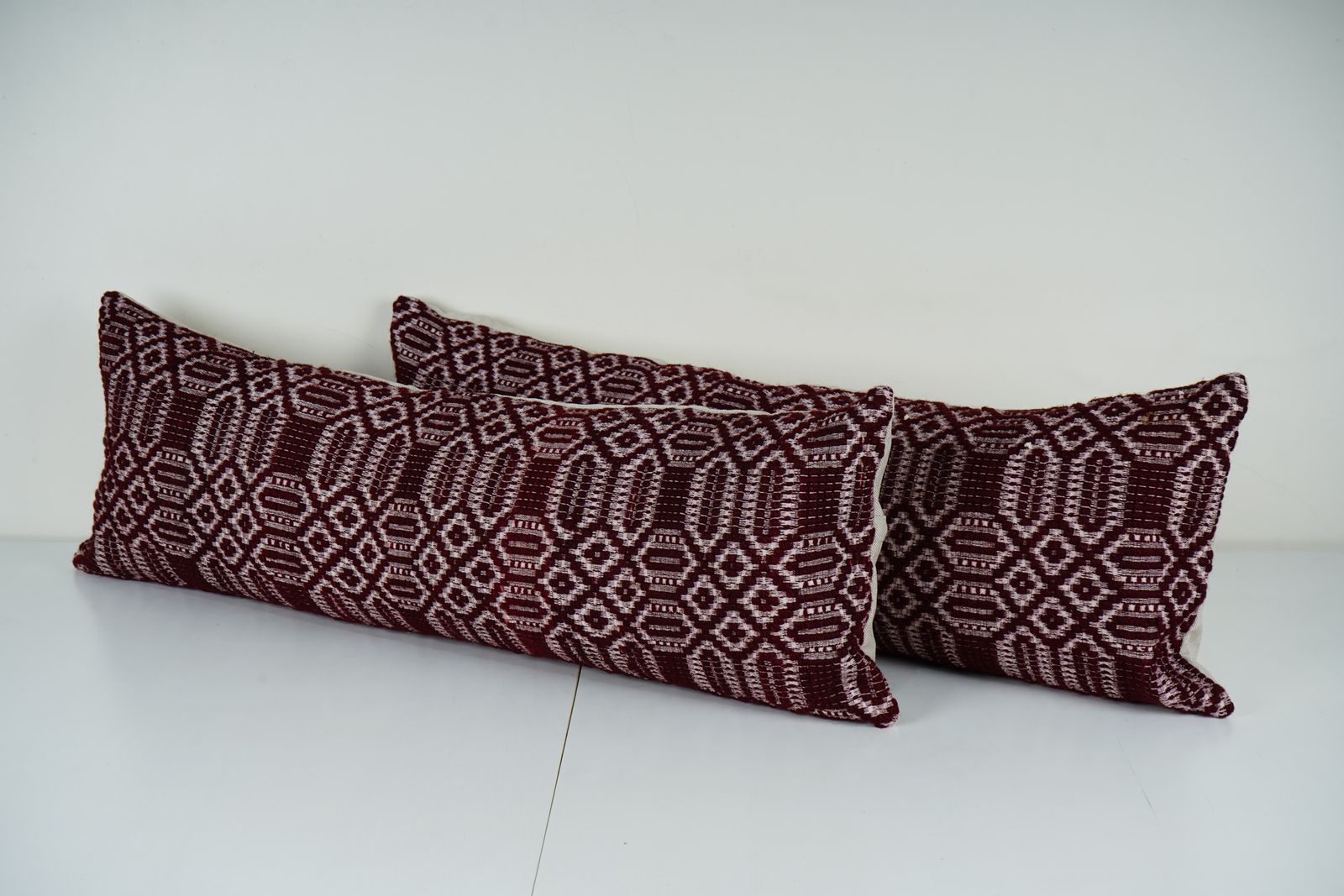 Set Of 2 Vintage Turkish Kilim Lumbar Pillow Covers, Burgundy Geometric Handmade Cushions photo furniture