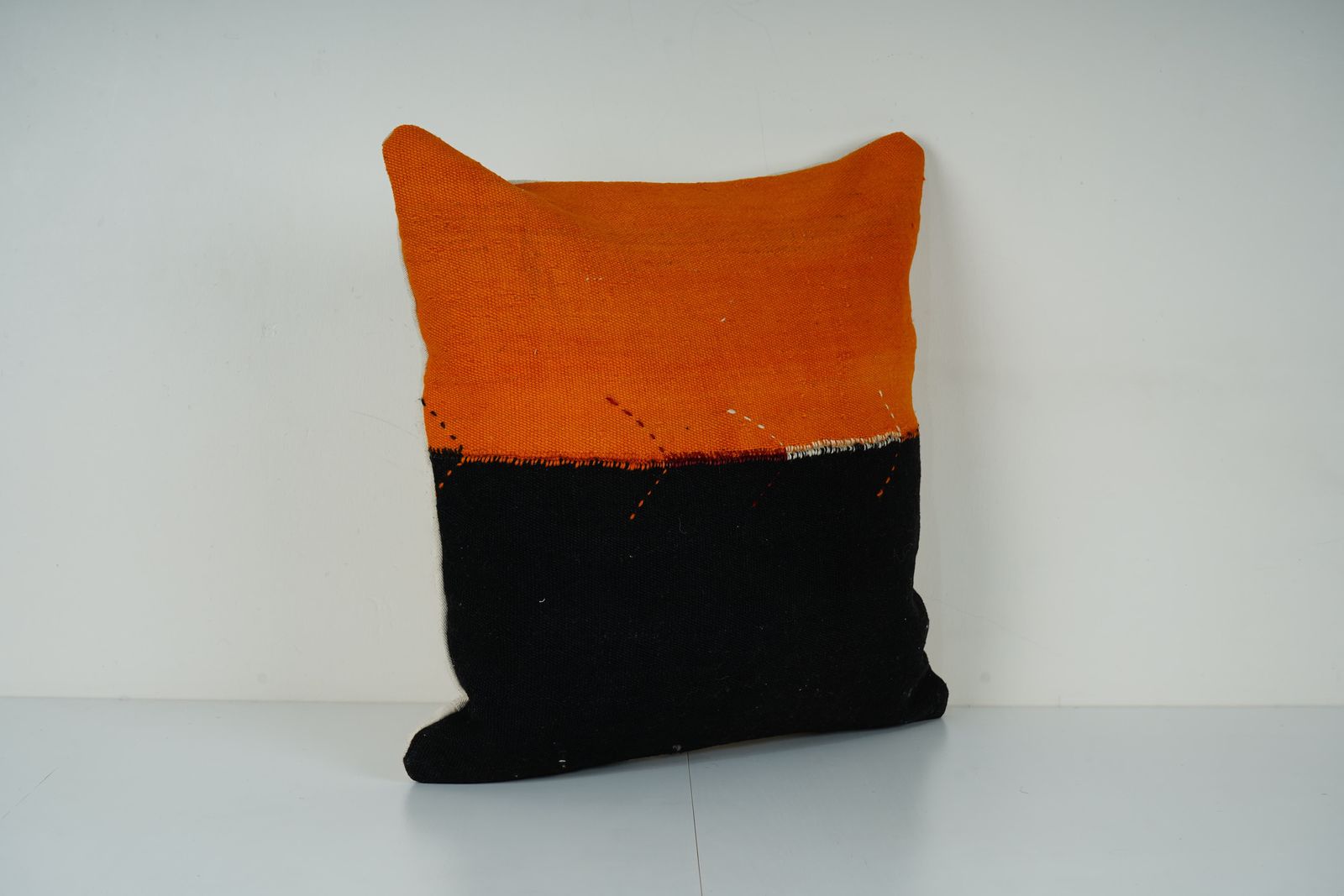 Turkish Kilim Pillow Cover, Burnt Orange & Black Color Block Handmade Cushion photo 55.0