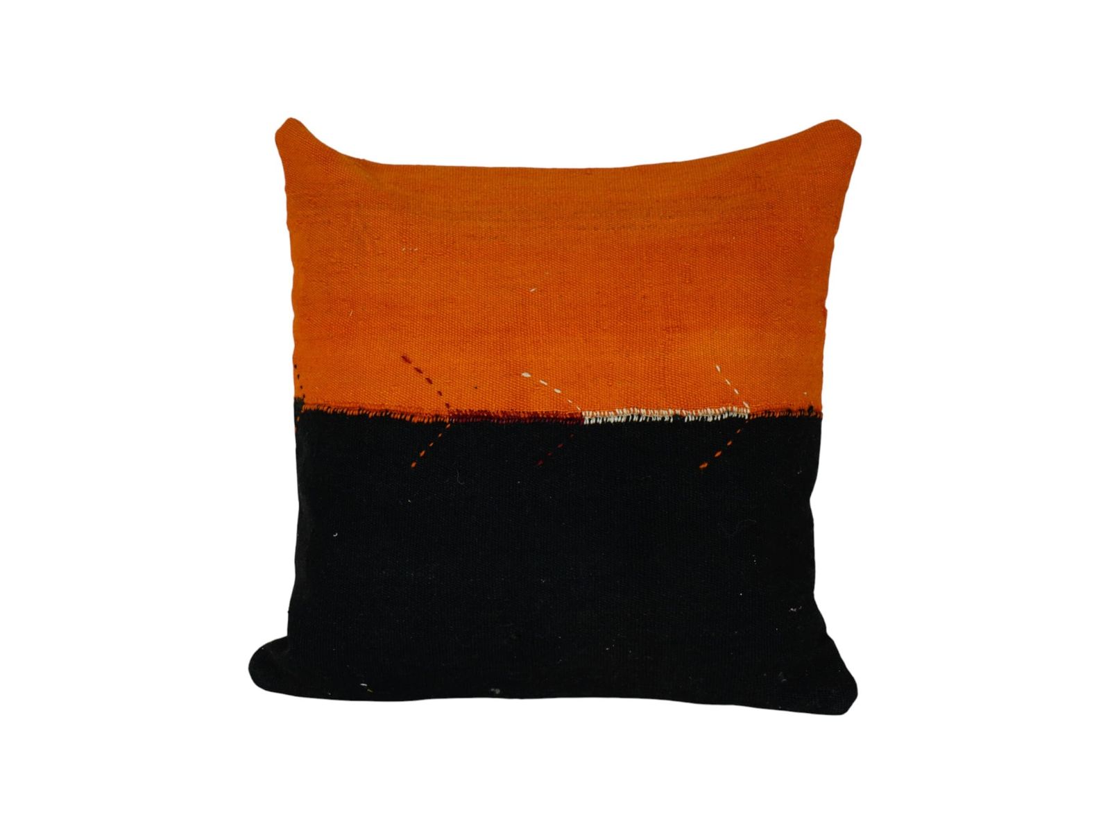Turkish Kilim Pillow Cover, Burnt Orange & Black Color Block Handmade Cushion